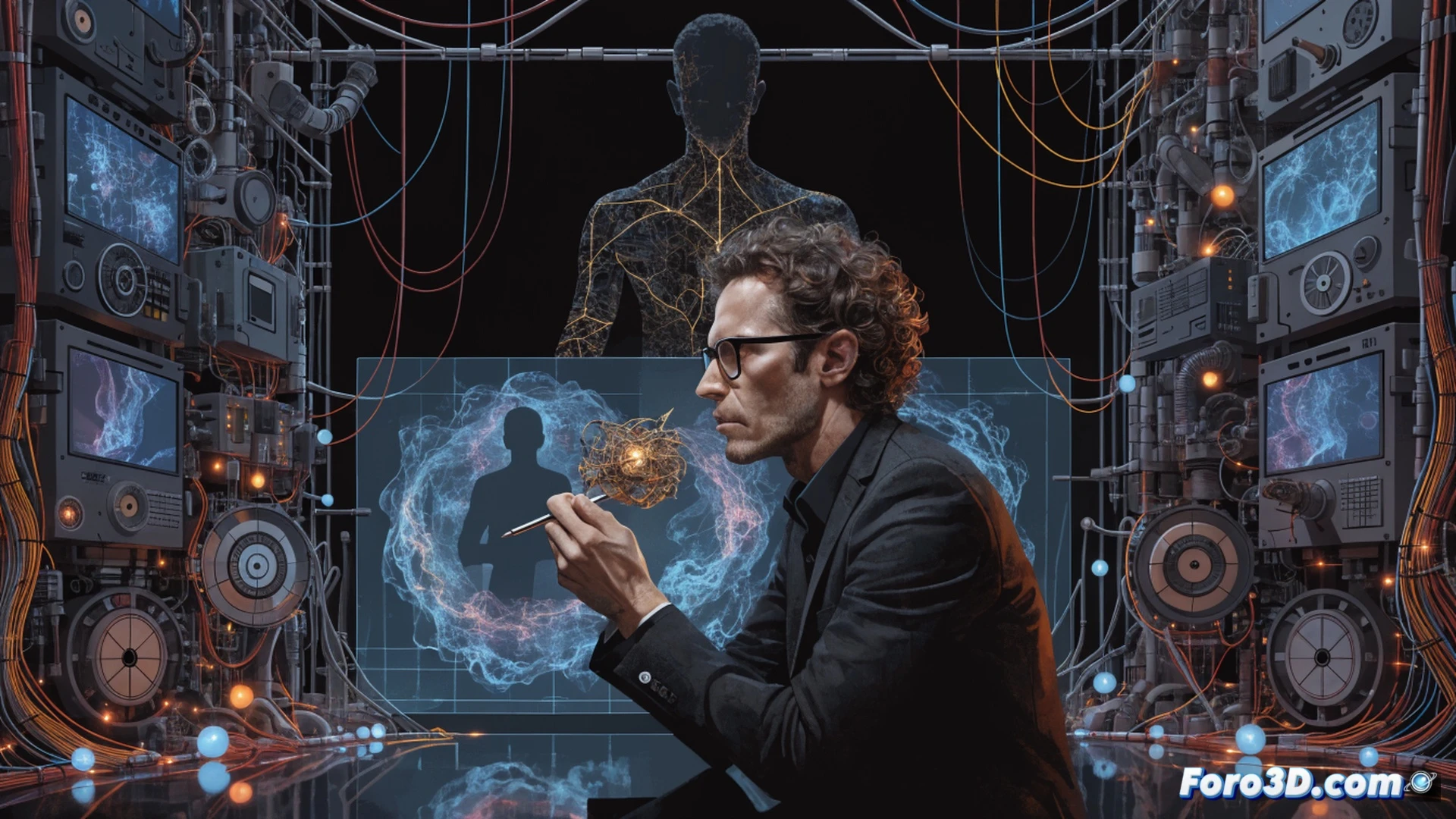 young artist facing a blank canvas in a minimalist studio, hand hesitating over a digital tablet while a glowing holographic AI interface hovers nearby showing generic trending designs, the artist instead picking up a traditional paintbrush to start a vibrant abstract painting, contrasting cold blue digital tools with warm organic colors, cinematic lighting casting sharp shadows, photorealistic style, focused on the moment of creative choice, technical details include stylus, tablet, holographic UI elements, paint splatters, canvas texture, dramatic chiaroscuro lighting, ultra-detailed brush bristles and digital screen reflections