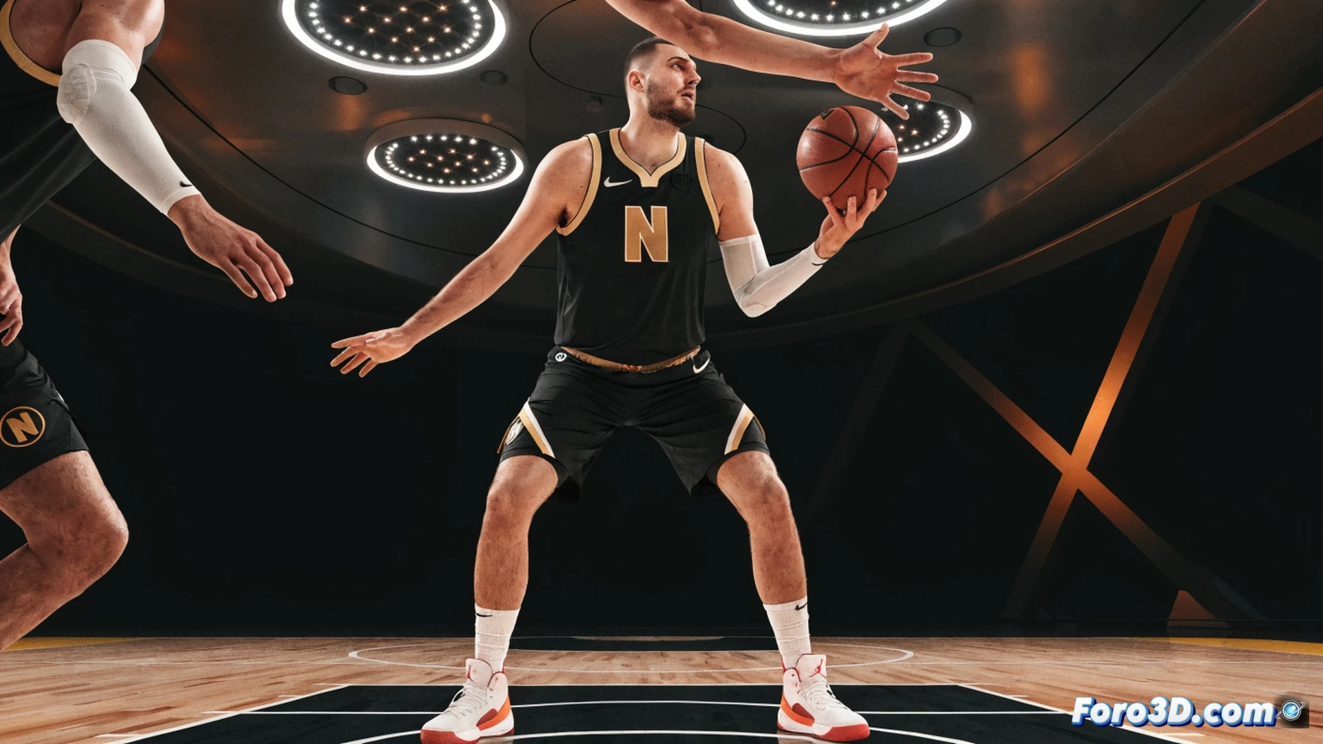 Nikola Jokic mid-air no-look pass, basketball rotating slowly with visible spin trails, Denver Nuggets jersey number 15, defenders frozen in anticipation, glowing tactical lines tracing passing lanes from his hands to an open teammate, court geometry overlaid with translucent green analysis grid, 3D motion-capture skeleton showing relaxed biomechanics, slow-motion cinematic style, volumetric arena lighting, photorealistic technical illustration, hyper-detailed muscle and fabric textures, crowd blurred in background