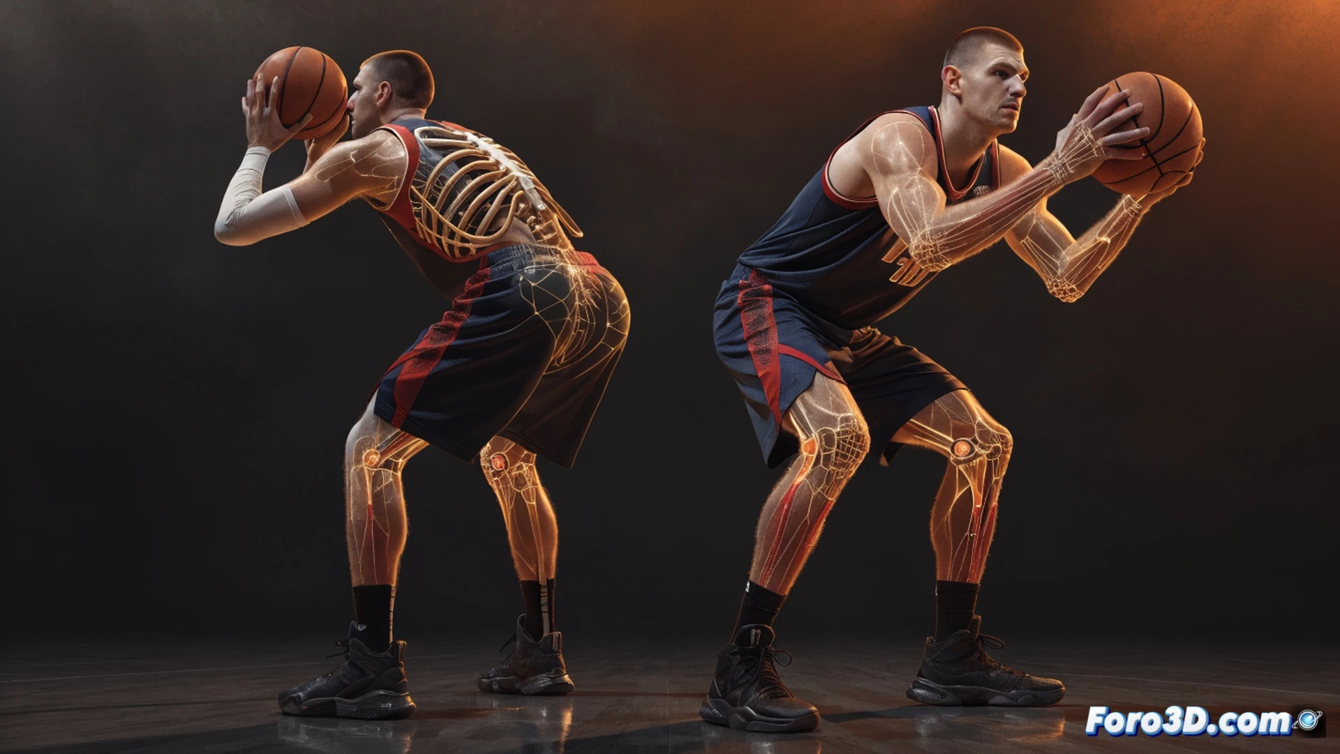 Biomechanical analysis of Nikola Jokic mid-shot release, showing his flat-footed stance and low jump height while his wrist flicks the ball with minimal leg drive, surrounding ghosted 3D wireframe models displaying his panoramic vision cone and rebounding timing zones, basketball trajectory arc traced with glowing dotted lines, technical engineering visualization, muted arena lighting with cool blue and warm orange highlights, photorealistic digital render, ultra-detailed muscle and joint mapping, motion lines emphasizing stillness in his upper body