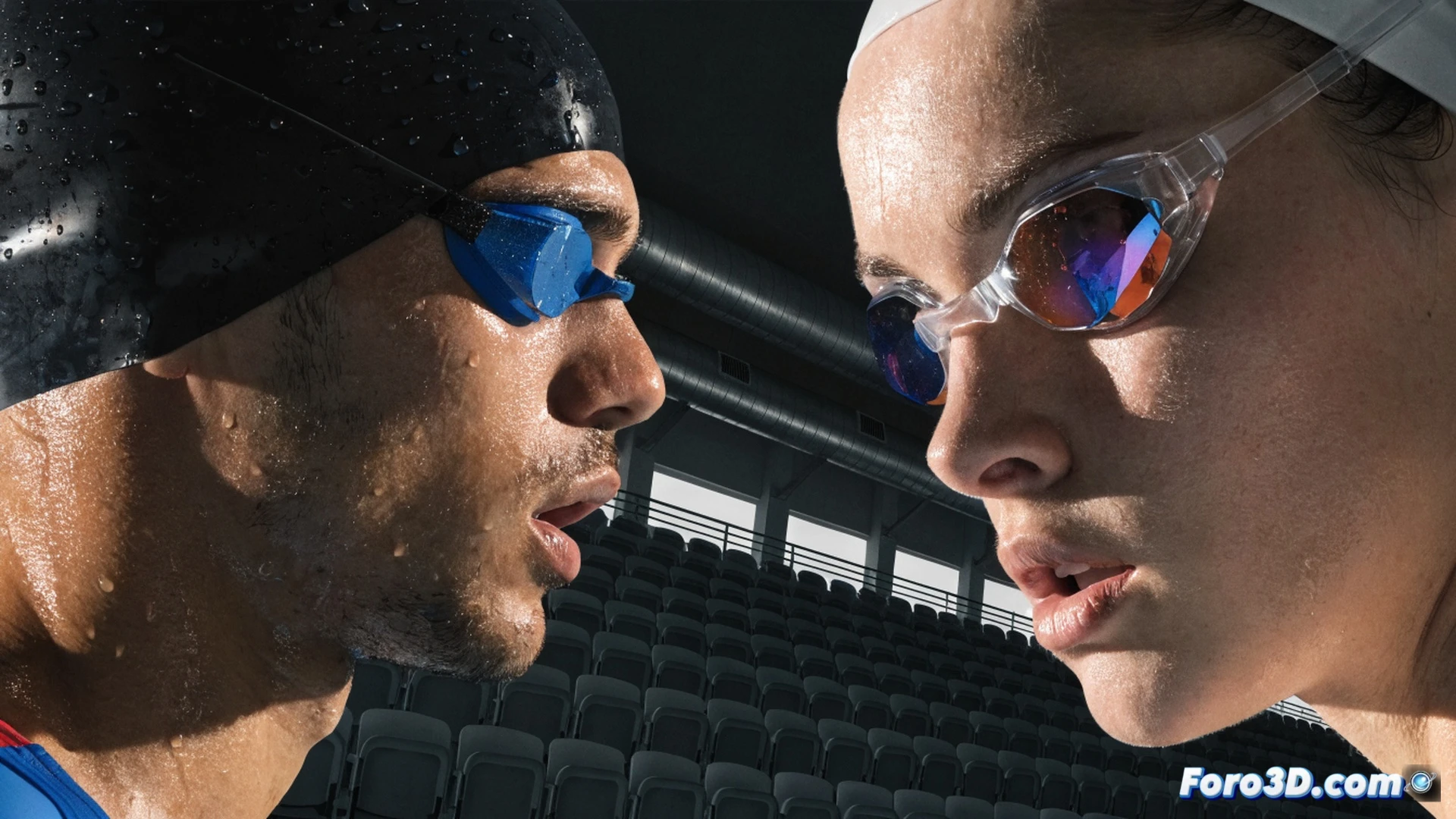 Swimmer Nil Cadevall executing a powerful start dive from a competition block, water splash forming around his hands entering the pool, lane ropes visible in background, pool deck with timing touchpad, cinematic sports visualization, dynamic motion blur on his body and water droplets, bright stadium lighting reflecting on wet surface, photorealistic athletic render, intense action during race start, technical focus on streamlined arm position and explosive leg drive