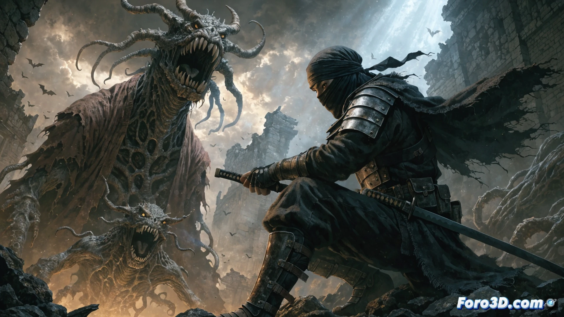 cinematic anime-style scene of a lone ninja in tattered dark blue garb leaping across a shattered wooden bridge, a giant stone golem emerging from mist below, its arm mid-swing, sparks and debris flying from a katana blade deflecting the blow, digital 4K restoration process visible as glowing wireframe particles scanning the frame, vintage film grain dissolving into ultra-sharp details, dramatic backlighting through storm clouds, photorealistic technical render with cinematic motion blur and particle effects