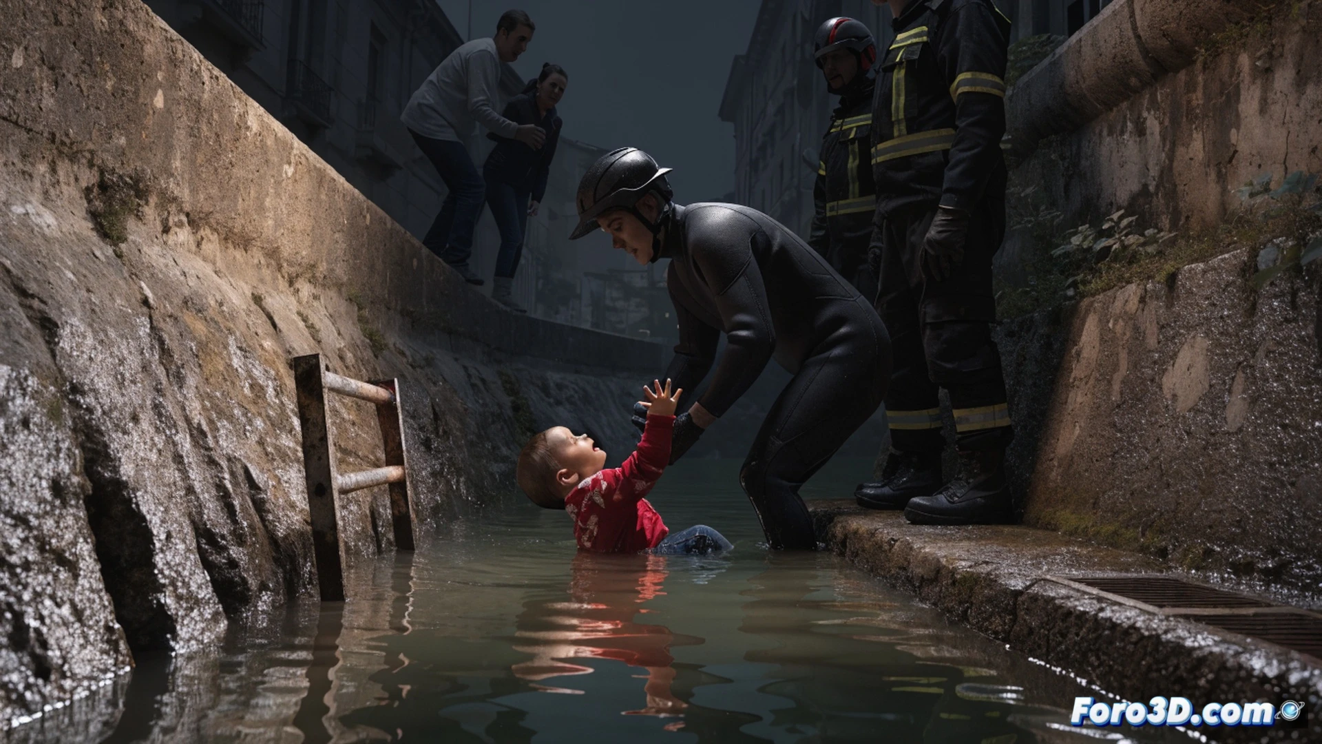 unauthorized access to a water canal in a residential area, a small child silhouette falling into dark flowing water, emergency responders in bright orange vests and Guardia Civil uniforms rushing toward the concrete canal edge, a rescue hook and rope being deployed, visible canal banks without fencing, technical safety hazard illustration, cinematic photorealistic style, dramatic overcast lighting, motion blur on water surface, sharp focus on rescue action, urban background with houses, warning signs absent, realistic textures of wet concrete and metal, high-contrast scene emphasizing danger and urgency
