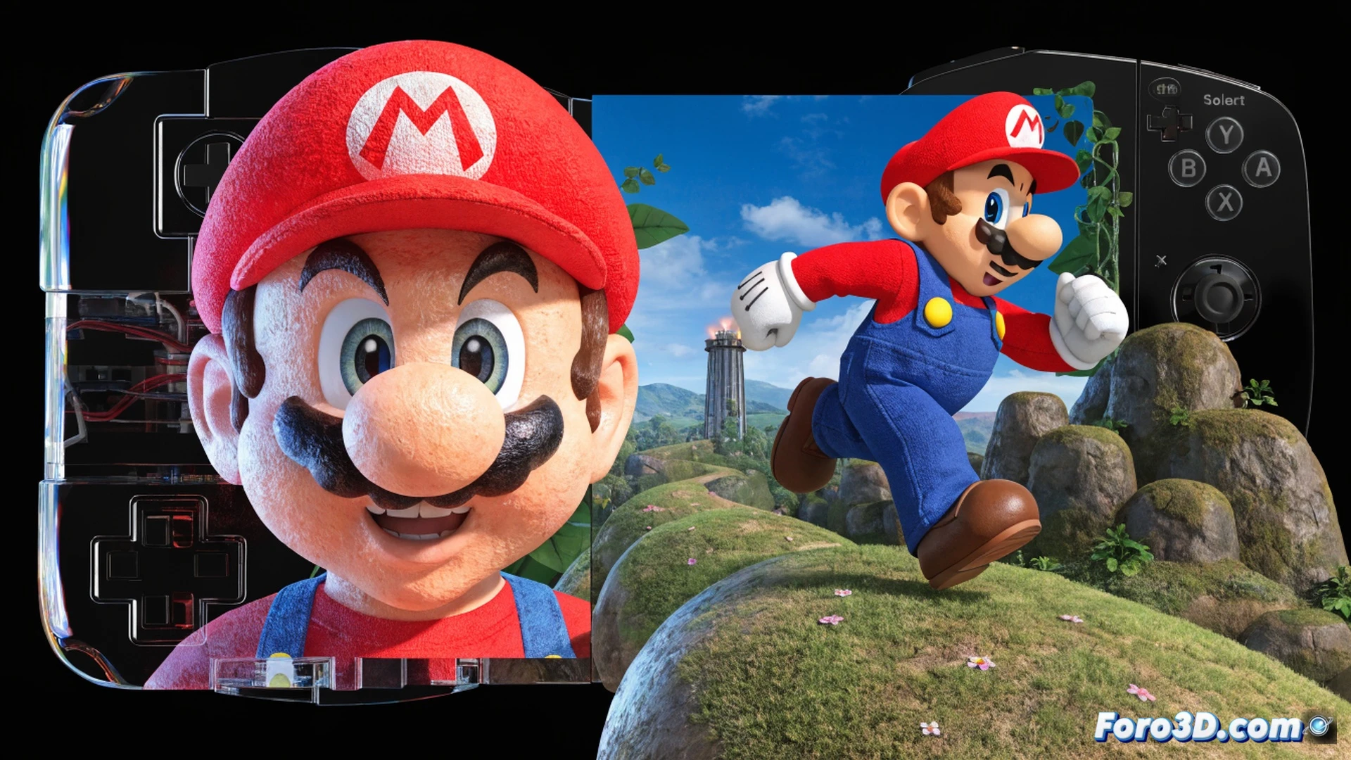 Nintendo 64 console hardware on a workbench, a gray controller with three-pronged grip and analog stick held by a hand during gameplay, Super Mario 64 rendered on a CRT monitor showing Mario performing a triple jump across a floating 3D platform, polygon wireframe edges visible, camera movement demonstrated via dynamic perspective shift, photorealistic technical illustration, soft studio lighting highlighting console vents and cartridge slot, retro electronics with precise engineering details, nostalgic 90s tech aesthetic