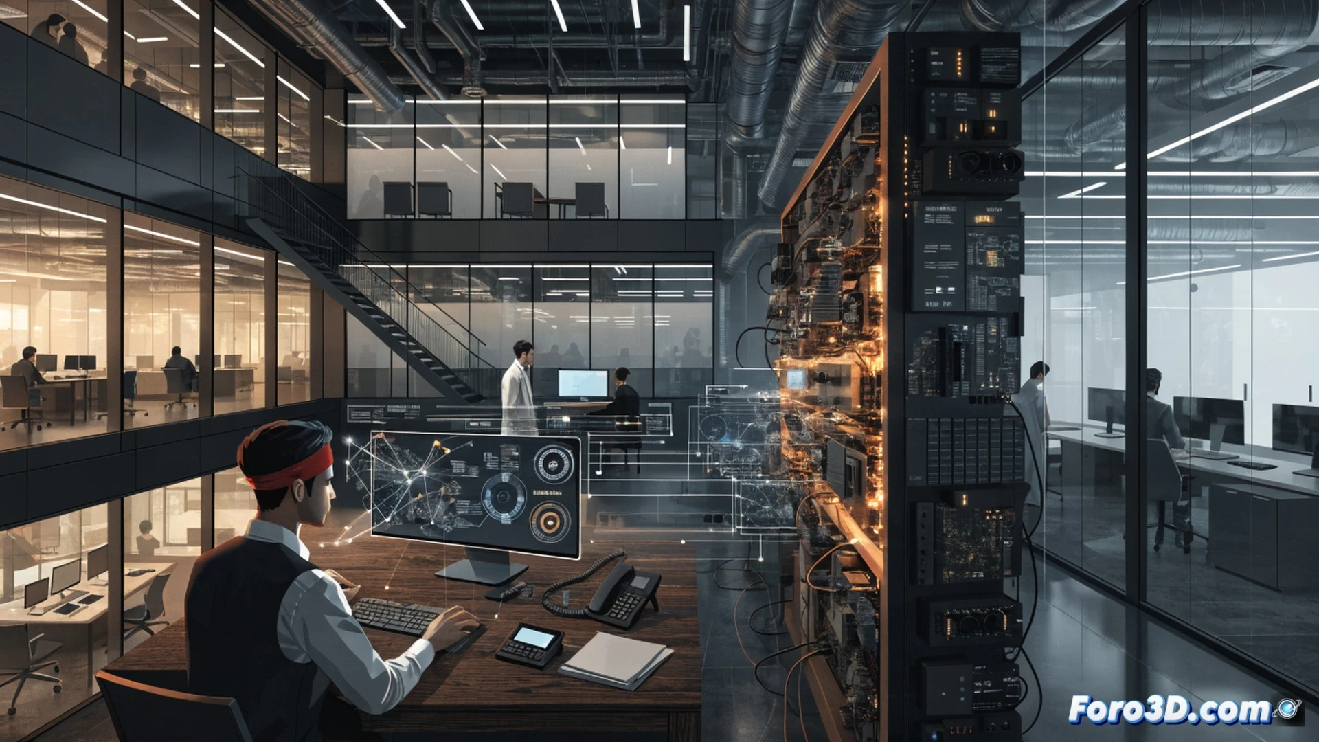 Nintendo Europe office interior, Frankfurt skyline visible through floor-to-ceiling windows, procurement specialist analyzing SAP supply chain dashboard on dual monitors, glowing green data streams showing purchase order workflows, hands typing while examining supplier metrics, warehouse shelf icons and logistics nodes displayed on screen, professional corporate workspace with Nintendo Switch hardware samples on desk, technical engineering visualization, clean modern lighting, blue and gray color palette, photorealistic digital illustration, sharp focus on computer interface and human interaction during procurement process