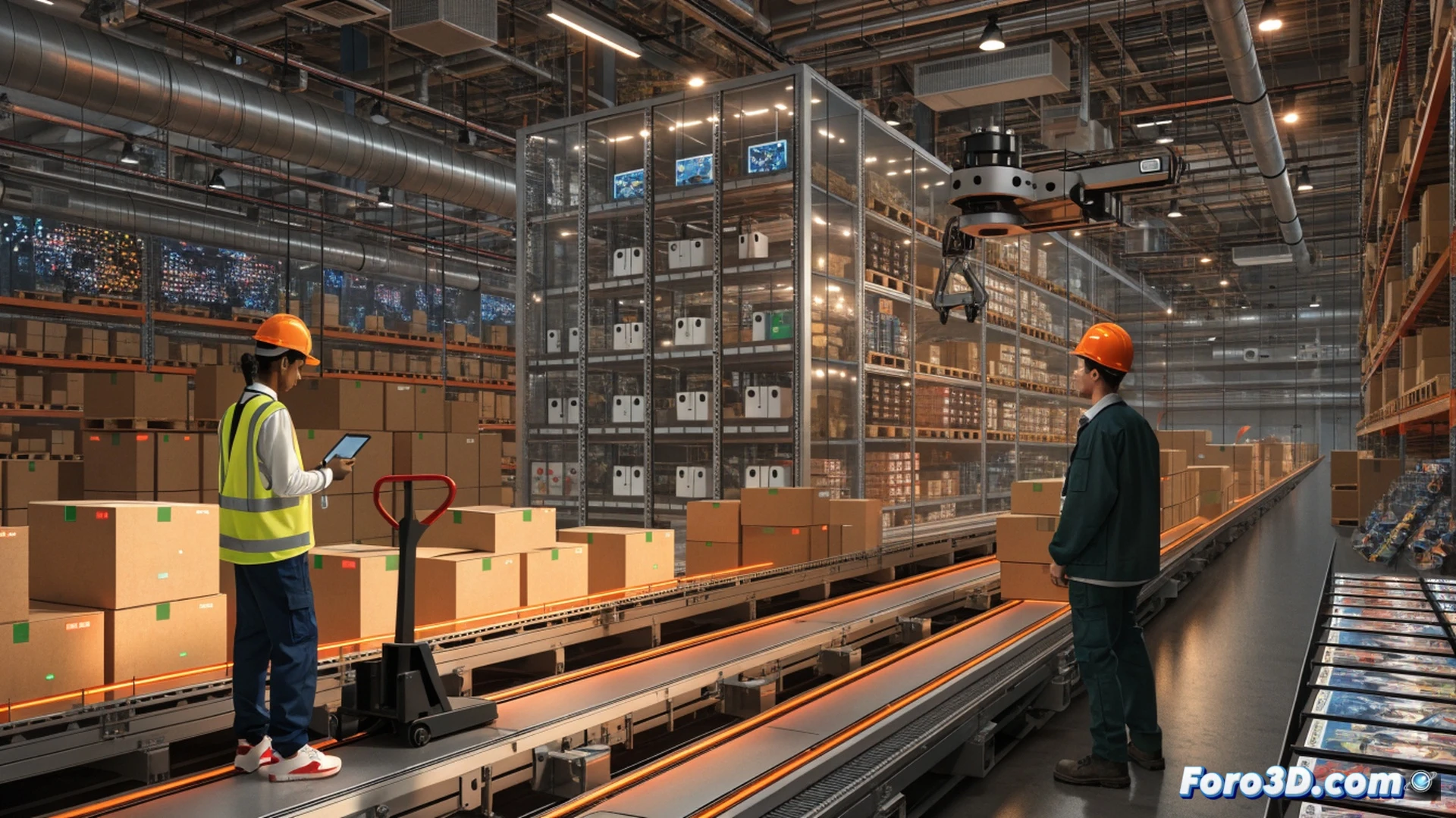 Nintendo warehouse coordinator reviewing inventory hologram of Switch consoles and game boxes, forklift moving pallets in background, logistics software dashboard glowing on tablet, worker scanning barcode on shelf during stock audit, cinematic technical illustration, blue industrial lighting, metallic shelving rows, conveyor belt with packaged games, realistic supply chain visualization, photorealistic engineering render