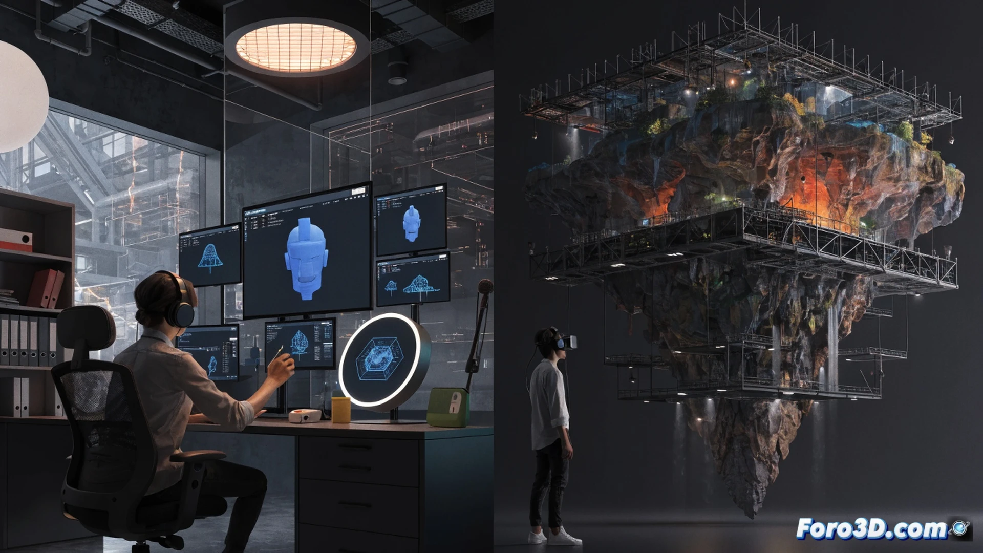 modern office interior in Frankfurt, digital asset producer reviewing game assets on dual monitors, 3D character model rotating on screen while video timeline is visible on second display, hand hovering over graphics tablet with stylus, shelf with Nintendo Switch consoles and game boxes in background, soft blue and red LED lighting from server racks, clean minimalist workstation, cinematic technical visualization, photorealistic render, dynamic composition, shallow depth of field, professional atmosphere
