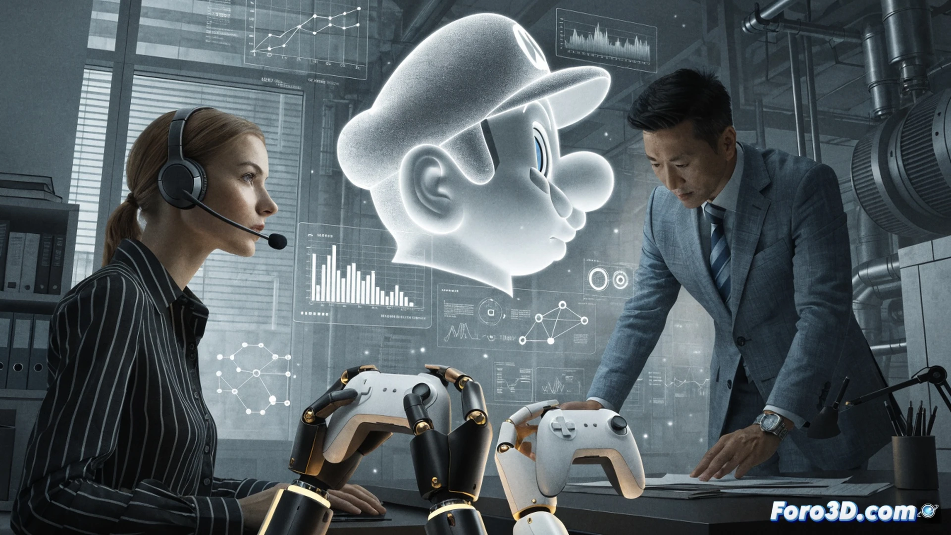 Nintendo European headquarters office scene, technical operations manager working at a dual-monitor workstation, demonstrating game distribution software interface while reviewing logistics data, company branding visible on office wall, colleagues collaborating in background near a server rack, modern open-plan workspace with ergonomic furniture, cinematic corporate photography style, warm natural lighting from large windows, subtle blue accent lighting on equipment, photorealistic architectural visualization, clean professional atmosphere, subtle motion blur on typing hands
