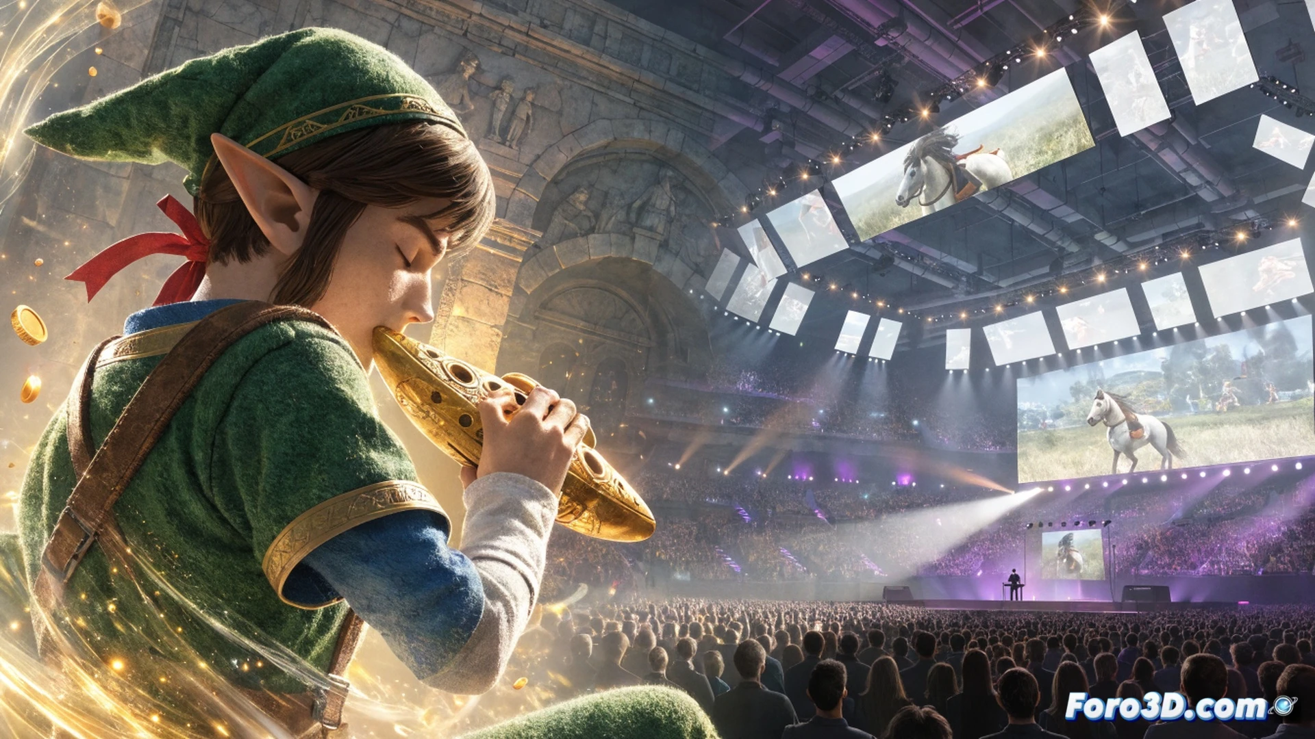 Nintendo Switch OLED screen displaying Zelda Ocarina of Time remake gameplay, controller held by a player with thumb pressing action button, glowing green Triforce icon hovering above, live viewer count graph rising past 3.8 million on a secondary monitor, Summer Game Fest 2026 logo fading in background, cinematic photorealistic technical illustration, dramatic spotlight illuminating console and hands, dynamic motion blur on screen light reflections, ultra-detailed plastic textures and button contours, high-contrast studio lighting, hyperrealistic gaming hardware render