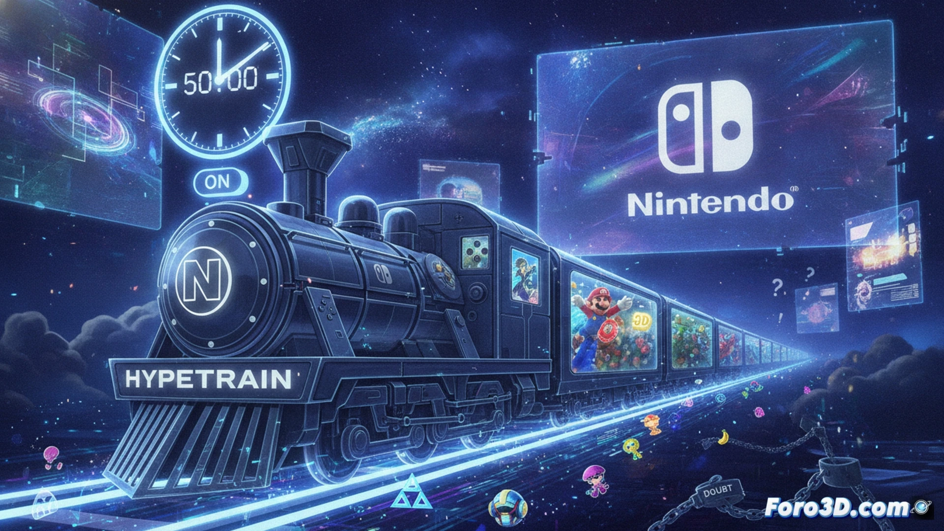 Nintendo Switch console glowing with internal circuitry visible through translucent shell, spinning game cartridges floating around it, question marks and clock gears dissolving into pixelated smoke, cinematic technical illustration, dark studio lighting with neon blue and red accents, motherboard traces lighting up like circuits, holographic controller schematics rotating in background, metallic surfaces reflecting scattered light, photorealistic engineering visualization, dynamic motion blur on spinning elements