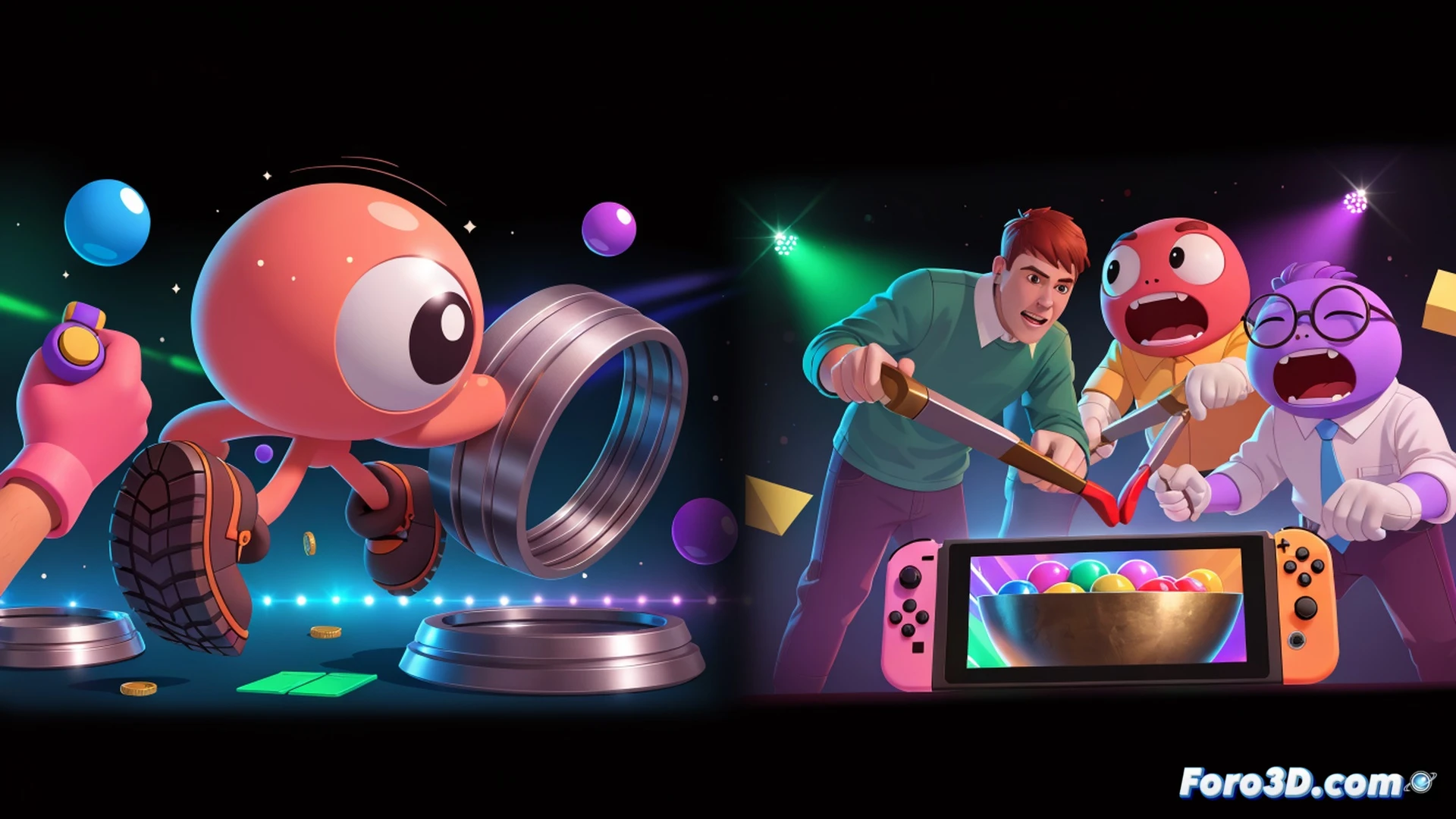Nintendo Switch consola portátil en manos de un jugador, pantalla táctil mostrando el minijuego Hoop Trundling con un aro girando al ritmo de notas musicales, segundo Joy-Con separado para el modo multijugador Rhythm Tweezers con pinzas virtuales sincronizadas, fondo de tienda digital con icono de descarga gratuita y barra de progreso, ilustración técnica cinemática con iluminación suave de estudio, colores vibrantes rojo y azul de los mandos, sombras nítidas sobre superficie de madera, acción de pulsación rítmica capturada en movimiento congelado, partículas de brillo musical alrededor de la pantalla, estilo photorealistic con detalles de textura de plástico mate