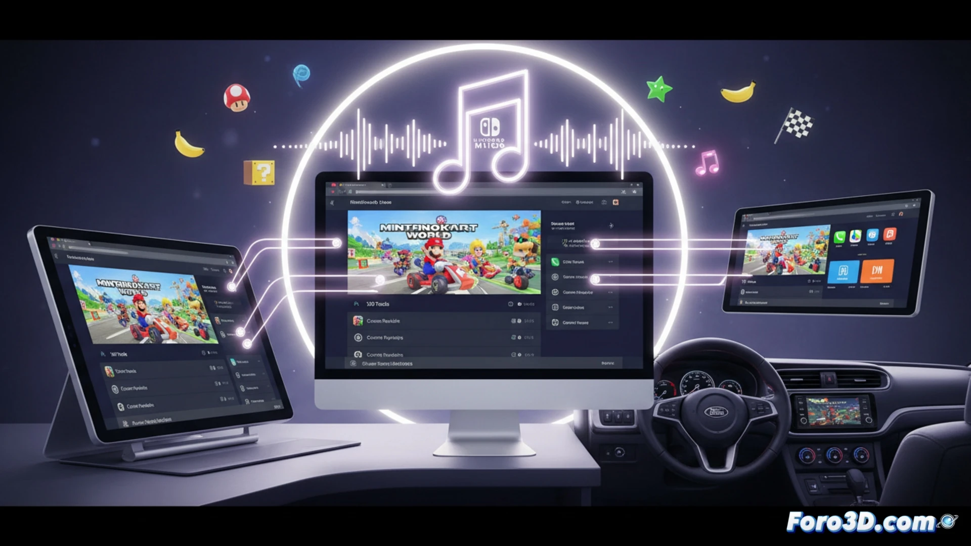 Nintendo Music app interface expanding across multiple screens, smartphone held by a hand transitioning into a tablet showing Mario Kart track selection, dashboard of a car with Apple CarPlay displaying a playlist of game soundtracks, glowing musical notes flowing from the phone to the tablet and car screen, process of data synchronization visualized as light streams connecting devices, cinematic technical illustration, warm neon blue and red lighting, sleek modern interiors, photorealistic render, high detail on screen UI elements, smooth motion blur on transferring data particles