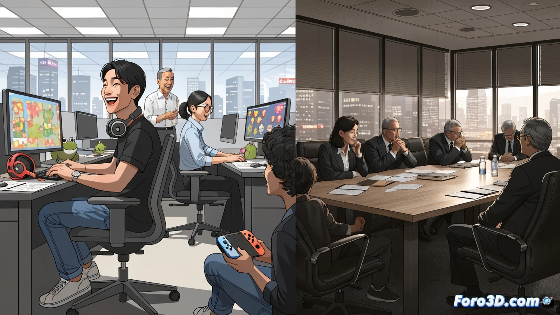 Nintendo oficina moderna en Japón, empleados sonrientes recibiendo documentos de aumento salarial, mientras al fondo una pantalla gigante muestra gráficos de despidos masivos en otras empresas tecnológicas cayendo en picada, consolas Switch y estaciones de desarrollo de juegos sobre escritos iluminados, contraste entre ambiente cálido y datos fríos, estilo cinematic photorealistic, iluminación suave de estudio, tonos rojos y blancos corporativos, atmósfera de estabilidad laboral, detalles de hardware gaming y papeles financieros, composición dramática con foco en la acción de entrega de papeles