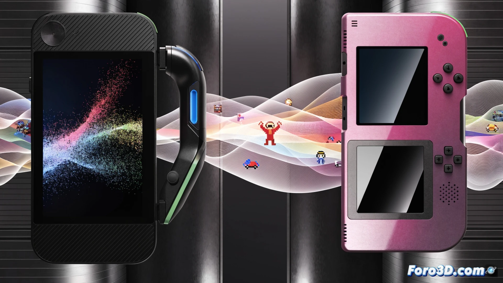 Nintendo Switch 2 console displaying a glowing dual-screen interface, classic DS game cartridge being inserted into a slot on the right Joy-Con while 3DS game icons fade in on the main screen, retro game characters leaping from the smaller lower display upward into the larger upper screen, metallic console body with cooling vents and precision-engineered hinges, cinematic product visualization, dramatic spotlight illuminating the device against a dark gradient background, reflective glass surface showing faint menu grids, ultra-detailed matte plastic texture, photorealistic technical render