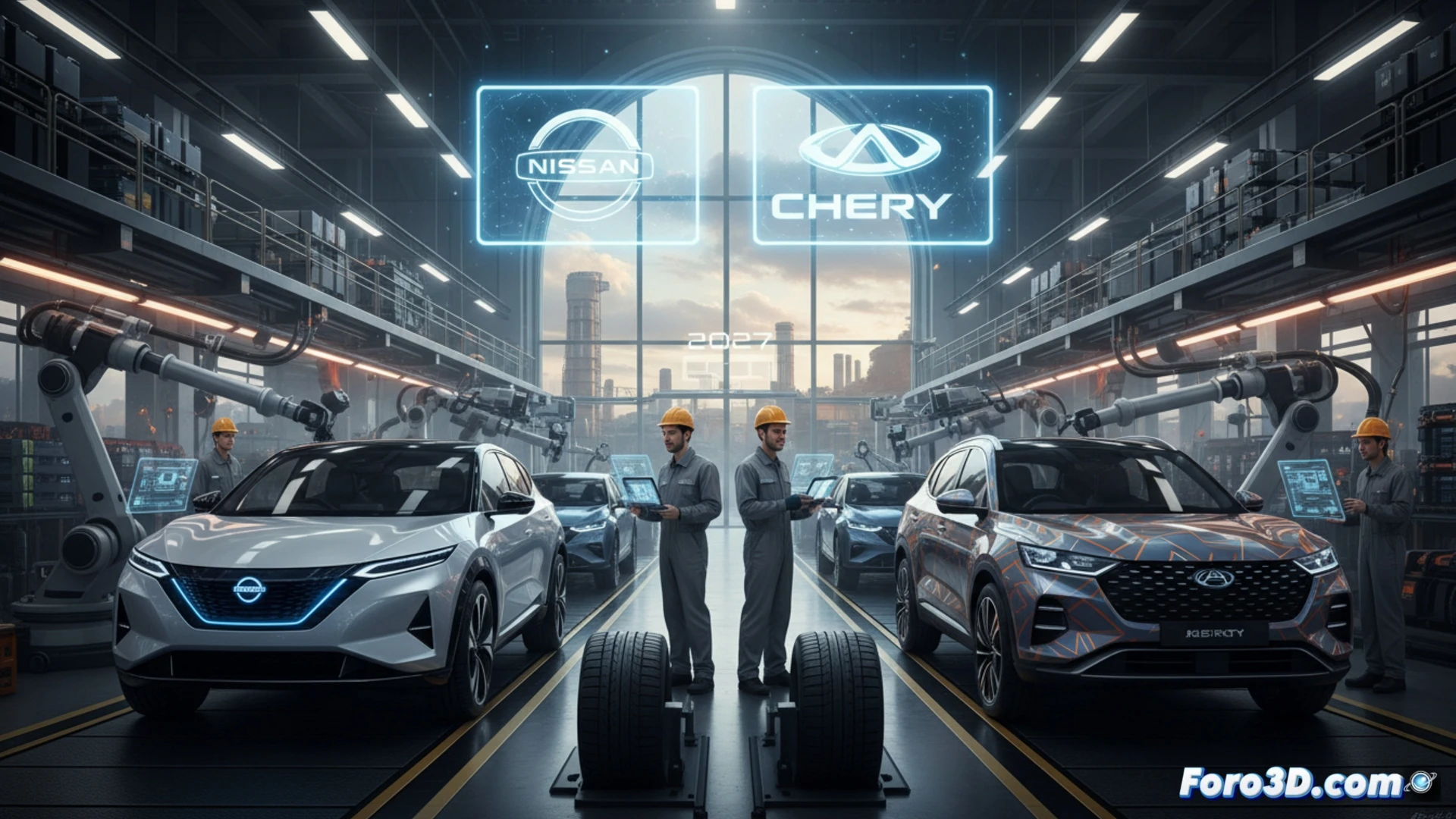 Nissan Sunderland assembly line one during Chery vehicle production in 2027, robotic arms installing a white electric car door onto a metallic blue chassis, conveyor system moving partially assembled cars, workers in blue uniforms checking battery pack connections with diagnostic tablets, overhead gantry crane lifting a motor unit, yellow safety barriers and tool carts in foreground, industrial LED lighting casting sharp shadows on polished concrete floor, photorealistic automotive factory visualization, clean mechanical details, action of automated guided vehicles delivering front bumpers, technical engineering scene with precise manufacturing process
