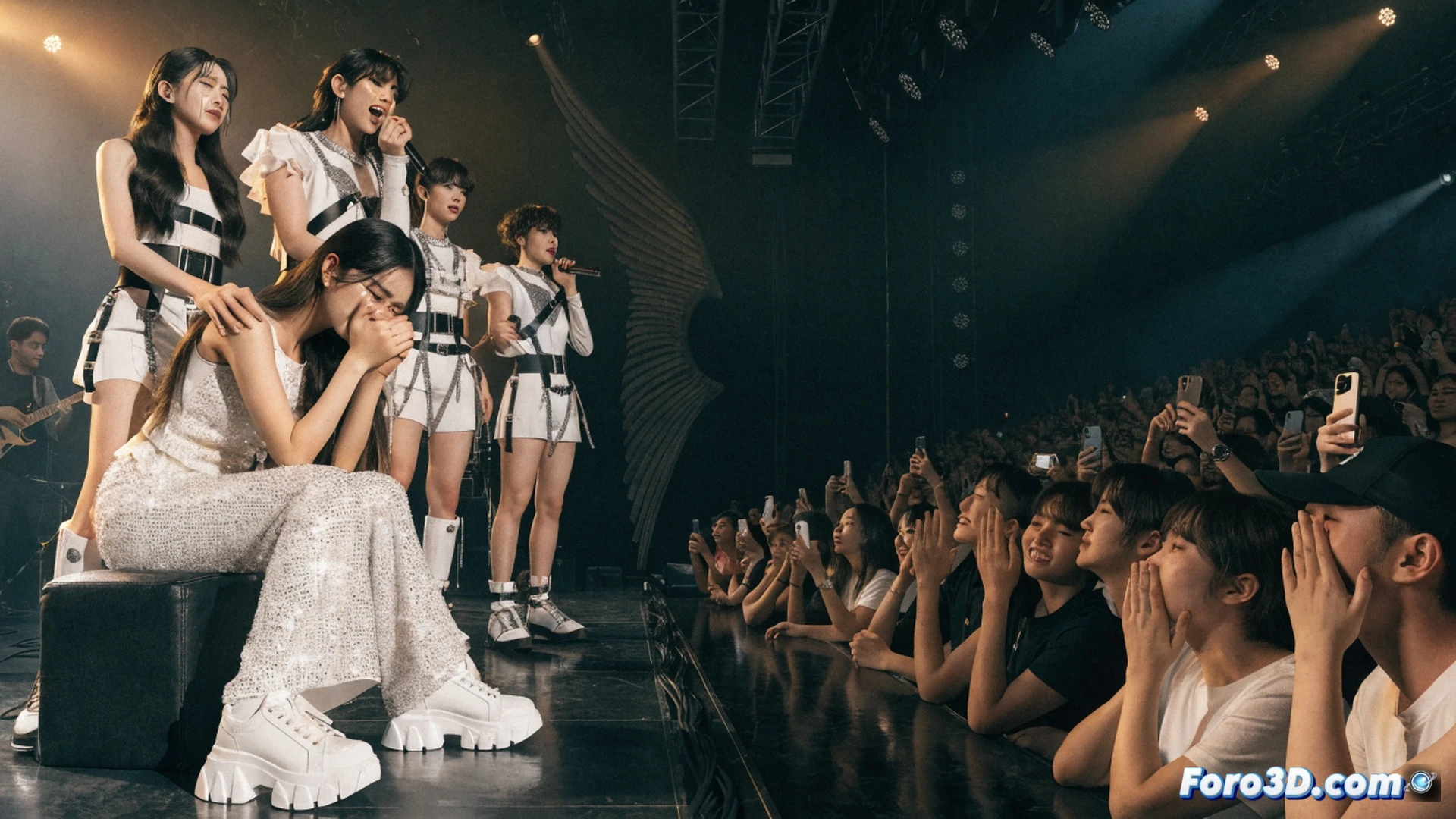 K-pop girl group Nmixx performing on stage in Singapore, Sullyoon sitting on a chair while singing into a microphone, tears streaming down her face, holding her lower back showing injury, band playing live instruments behind her, crowd of fans waving lightsticks with supportive expressions, dramatic stage lighting with blue and purple spotlights, cinematic concert photography style, emotional close-up shot, sweat and tears visible on skin, realistic crowd atmosphere, high-contrast stage illumination, photorealistic live performance render