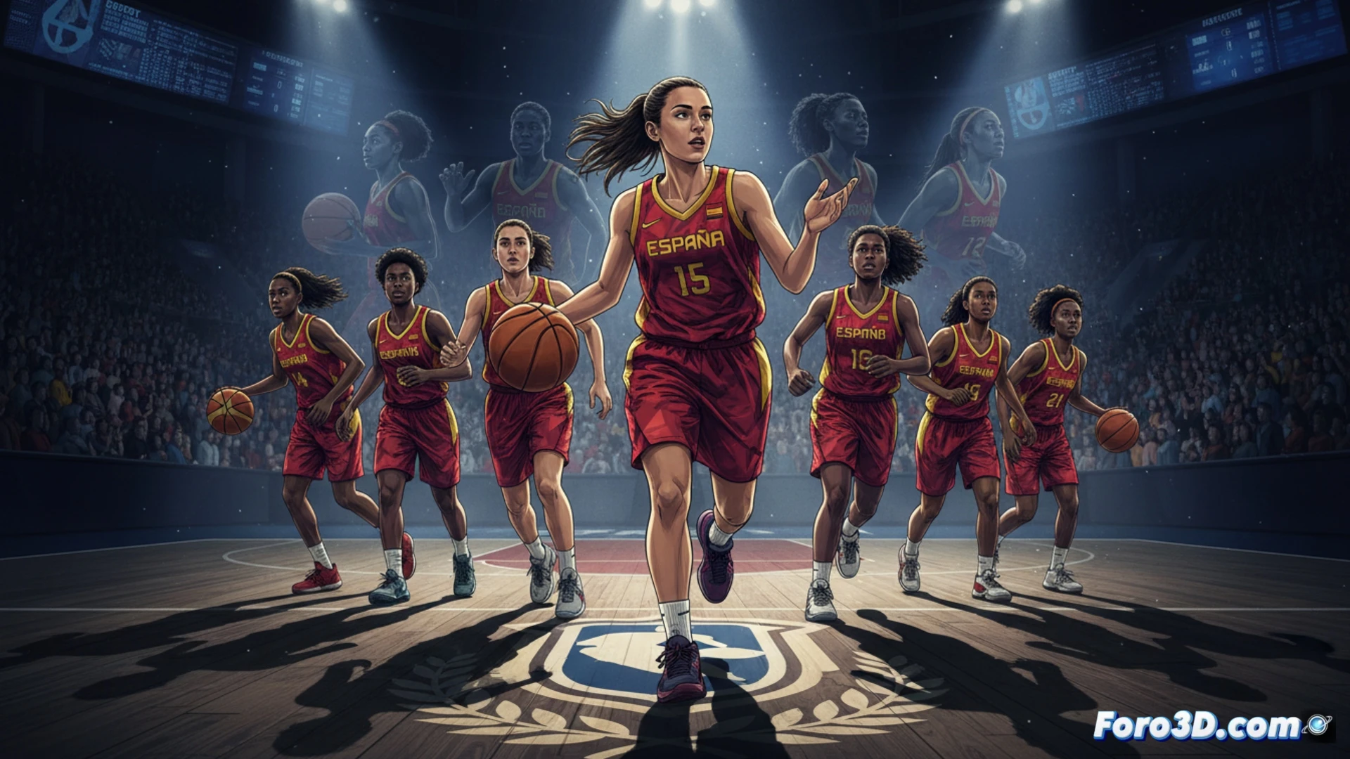 Joven jugadora de baloncesto, Noa Morro, en cancha con balón, rodeada de compañeras, simboliza promesa y esfuerzo colectivo.