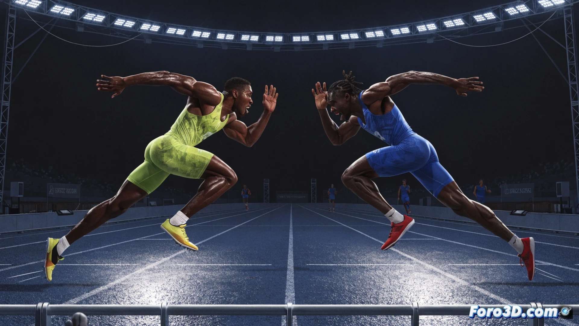 Noah Lyles sprinting at full speed on a red athletic track during the 150 meters race in Ostrava, right foot pushing off the ground with explosive force, left arm driving forward, sweat droplets flying off his face, motion blur on background stadium stands and electronic timing equipment, photorealistic cinematic sports visualization, dynamic low-angle shot, dramatic stadium floodlights highlighting muscle definition, high-speed action freezing the moment of maximum acceleration, ultra-detailed running spikes and track surface texture, competitive intensity captured in mid-stride.