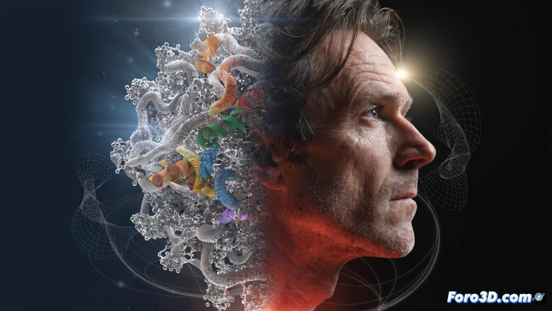 cinematic photorealistic scene, a glowing protein molecule suspended midair with shimmering blue and gold ribbons, a scientist in a modern lab reaching toward it while neural network lines pulse around the molecule, digital data streams flowing from a holographic terminal showing folding predictions, laboratory equipment blurred in background, dramatic cool lighting with warm accent beams, ultra-detailed molecular structures, technical visualization of AI-driven biology research, high contrast shadows, futuristic scientific atmosphere