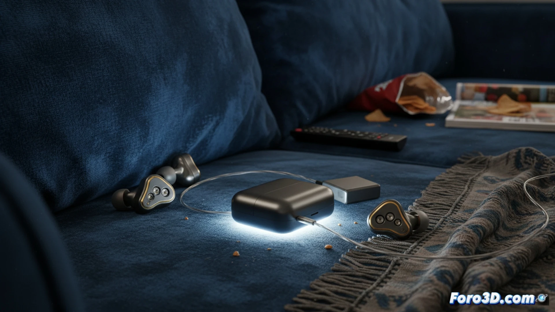 luxury wireless earbuds falling between sofa cushions, one earbud slipping into a dark crevice while the other dangles by a thin wire, charging case tipped over on the edge of the seat cushion, microscopic view of internal components like triple driver array and replaceable battery pack visible through a cross-section of the earbud, water droplets splashing near the fallen device near a floor drain, cinematic technical illustration style, dramatic shadow play contrasting polished black metal with soft fabric textures, photorealistic engineering visualization, hyper-detailed mechanical internals, shallow depth of field focusing on the falling action, subtle motion blur on the earbud cord, industrial mood lighting with cool blue and warm amber tones