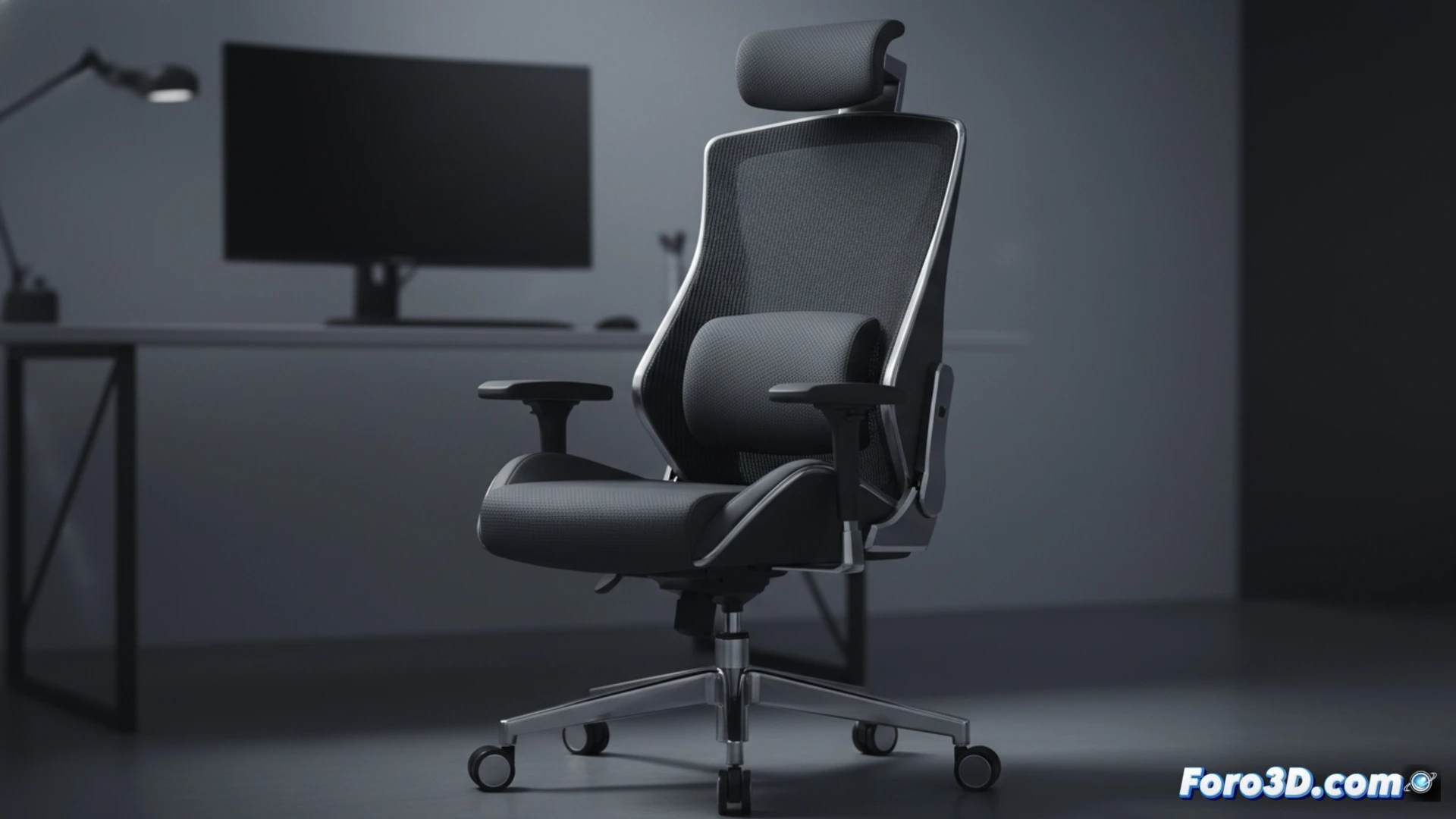Noblechairs Aura ergonomic office chair in a bright studio, backrest and seat moving in synchronized tilt mechanism during a recline action, integrated lumbar support curving forward without external cushions, headrest sliding vertically along the spine frame, user pressing a hidden adjustment lever under the armrest, technical product photography style, matte black mesh back, polished aluminum base, clean shadows, no text, photorealistic engineering visualization, sharp focus on mechanical joints and seamless integration