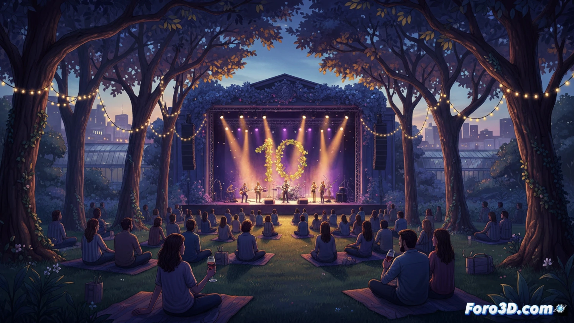 audience seated outdoors at dusk during a warm summer concert, stage with musician playing guitar and vocal microphone, small intimate botanical garden setting with lush green trees and glowing string lights overhead, no large crowds visible, technical audio mixing console in foreground with faders and illuminated knobs, sound engineer adjusting levels while monitoring headphones, cinematic photorealistic style, warm golden hour lighting transitioning to evening blue, soft bokeh from foliage, realistic skin tones and equipment textures, calm relaxed atmosphere, medium shot capturing both stage and control area