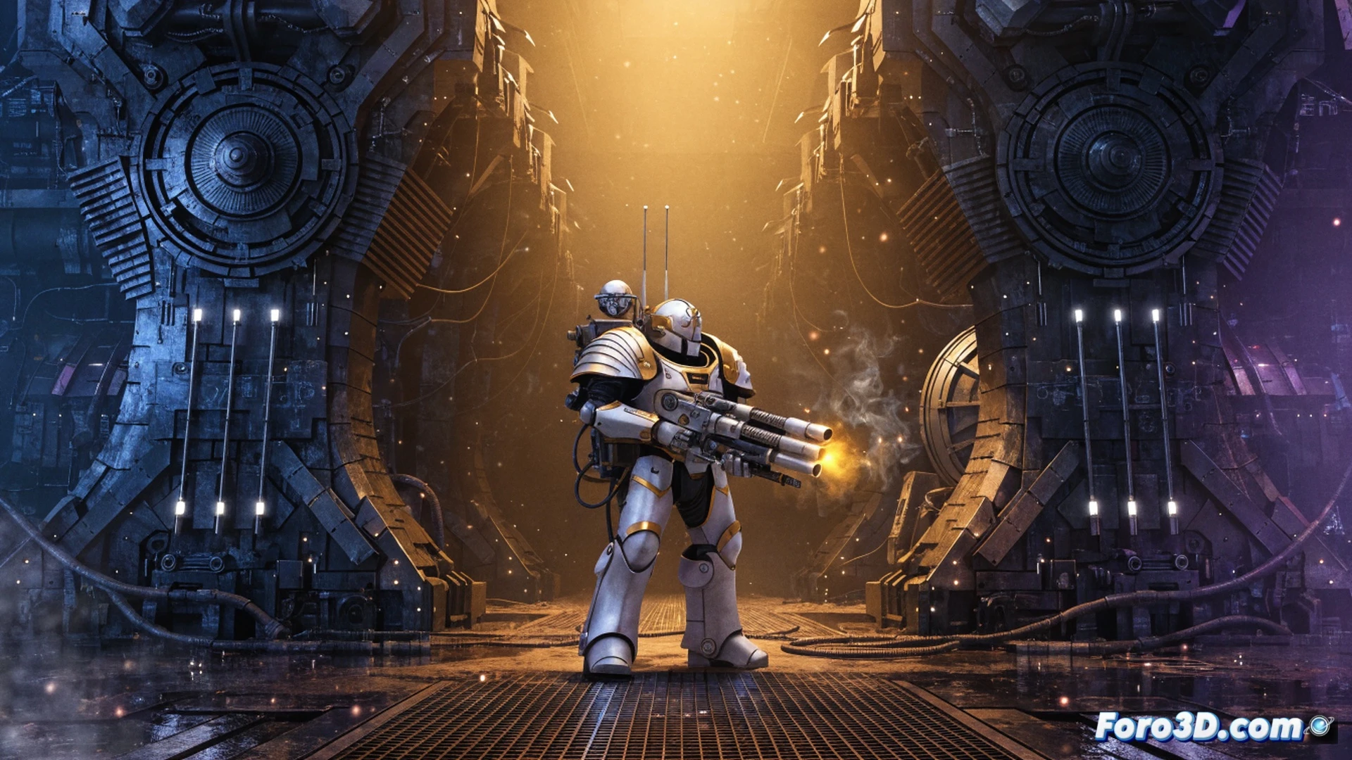 Skitarii soldier in a Darktide tech-shrine, holding a glowing identification plate while pointing at a holographic name generator interface, mechanical servoskulls hovering nearby with scanning beams, tools and cogitator consoles covered in binary-lit screens, cables connecting to a half-assembled combat servitor, cinematic industrial lighting, photorealistic engineering visualization, glowing blue and red indicator lights, steam vents, metallic surfaces reflecting warm orange glow from plasma coils, ultra-detailed mechanical textures, dramatic action scene showing the naming process