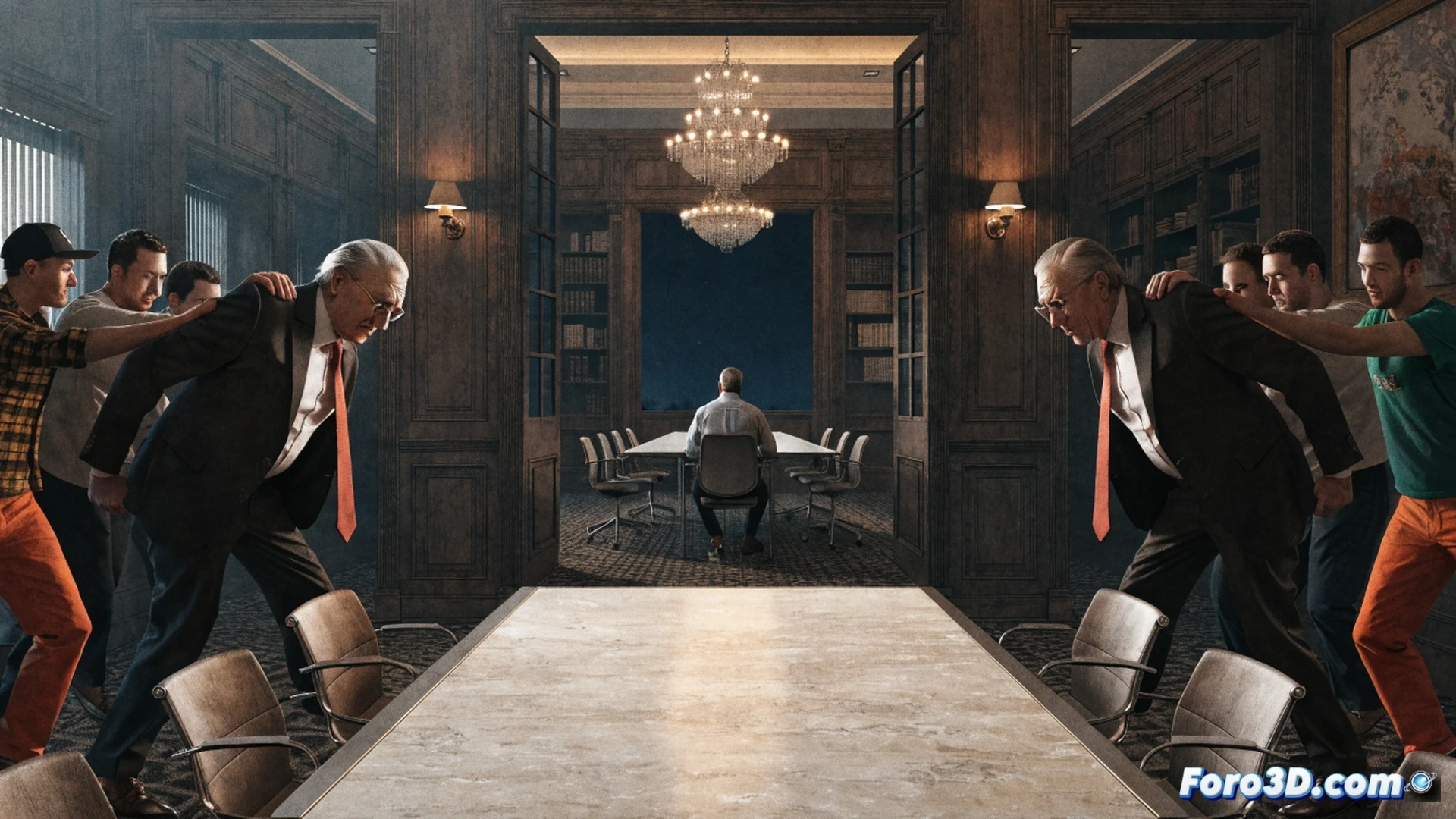 Cinematic photorealistic scene of a revolving door made of old wooden office chairs, rotating slowly while a suited figure pushes through from a past government era into a modern boardroom, other figures in suits waiting inside with blank faces, gears and mechanical linkages visible inside the door mechanism, dust particles rising from the worn upholstery, cold fluorescent lighting casting long shadows, technical illustration style, metallic nameplates on chairs showing faded logos, motion blur on the rotating chairs, ultra-detailed textures of cracked leather and polished brass, dramatic contrast between outdated furniture and sleek glass surroundings