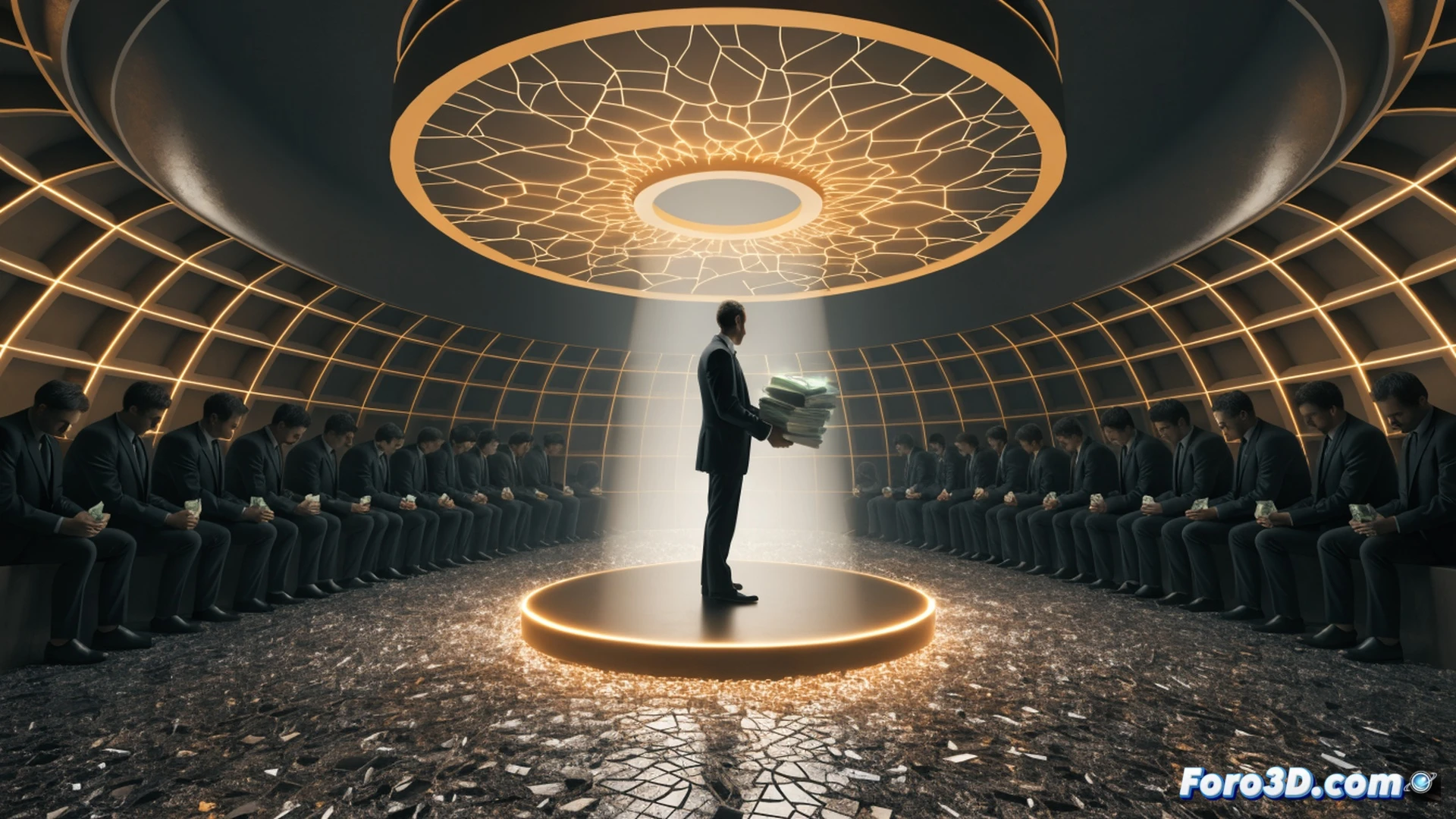 corporate headquarters night scene, CEO silhouette in penthouse office holding massive golden coin while workers below in open-plan office stare at empty coffee cups and broken keyboards, financial graphs on monitors showing widening gap, elevators opening to different floors, security guard checking ID badges, cinematic architectural view, dramatic chiaroscuro lighting on glass walls and steel beams, photorealistic corporate dystopia, sharp focus on hierarchical spatial separation