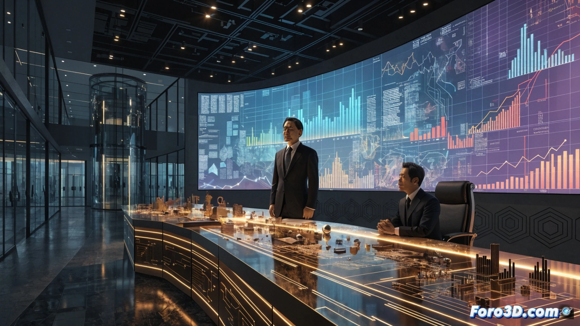 corporate boardroom scene, CEO standing beside a holographic financial dashboard displaying soaring profit charts and record revenue numbers, bonus check being handed with a firm handshake, Nomura branding visible on a sleek laptop and wall monitor, city skyline at dusk through glass windows, cinematic engineering visualization, golden light reflecting on polished mahogany table, data streams glowing in blue and green, photorealistic technical render, sharp focus on monetary figures and professional suits, dramatic corporate lighting, ultra-detailed textures
