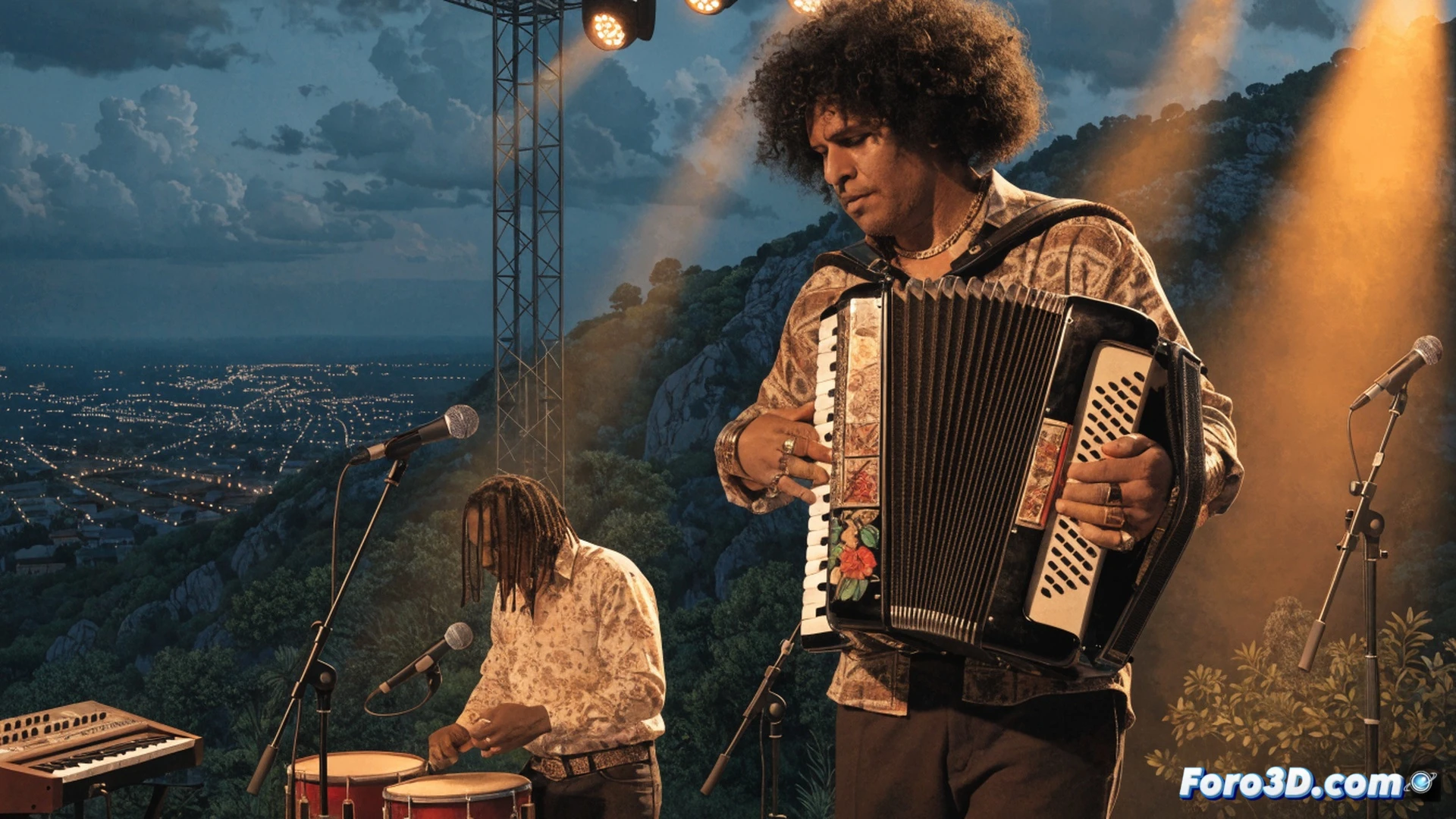 cumbia orchestra performing on an outdoor stage in La Laguna, Colombian musicians playing traditional instruments while digital audio equipment captures the live session, mixing console with glowing LED meters and faders, microphones positioned near accordion and drums, cables connecting to recording interface, audience visible in background under warm string lights, cinematic night scene with tropical plants framing the stage, smoke machine haze catching colored stage lights, photorealistic concert photography style, dynamic action of performers in motion during the show