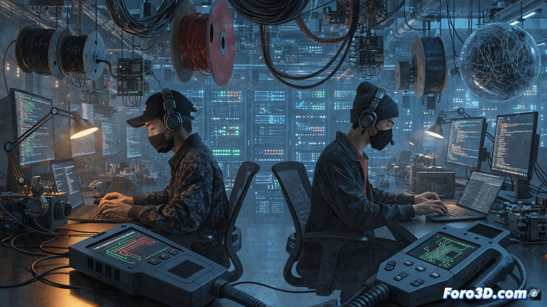 Hacker norcoreano frente a pantalla de código, manos tecleando, ventana de terminal abierta con líneas de malware camufladas dentro de un editor de desarrollo, icono de herramienta legítima como Visual Studio Code o npm, proceso de descarga en segundo plano mostrando archivo infectado, fondo oscuro con resplandor rojo, estilo cinematic photorealistic, iluminación dramática de estudio, sombras duras, reflejos en la pantalla, textura metálica en el teclado, atmósfera de ciberataque sigiloso, ultra-detallado, 8k render
