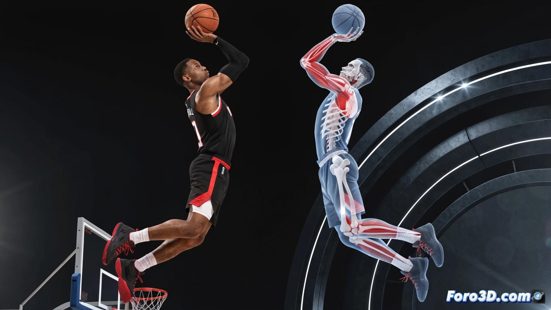 Norman Powell releasing a three-point shot at peak elevation, biomechanical motion lines tracing his shooting arc, footwork sequence frozen mid-step showing pivot and balance, defensive player lunging late, illuminated court floor with spatial heatmap zones, technical illustration style, wireframe overlay of joint angles and muscle activation, cinematic lighting from arena floodlights, photorealistic human anatomy render, deep shadows on jersey number, basketball spinning with motion blur