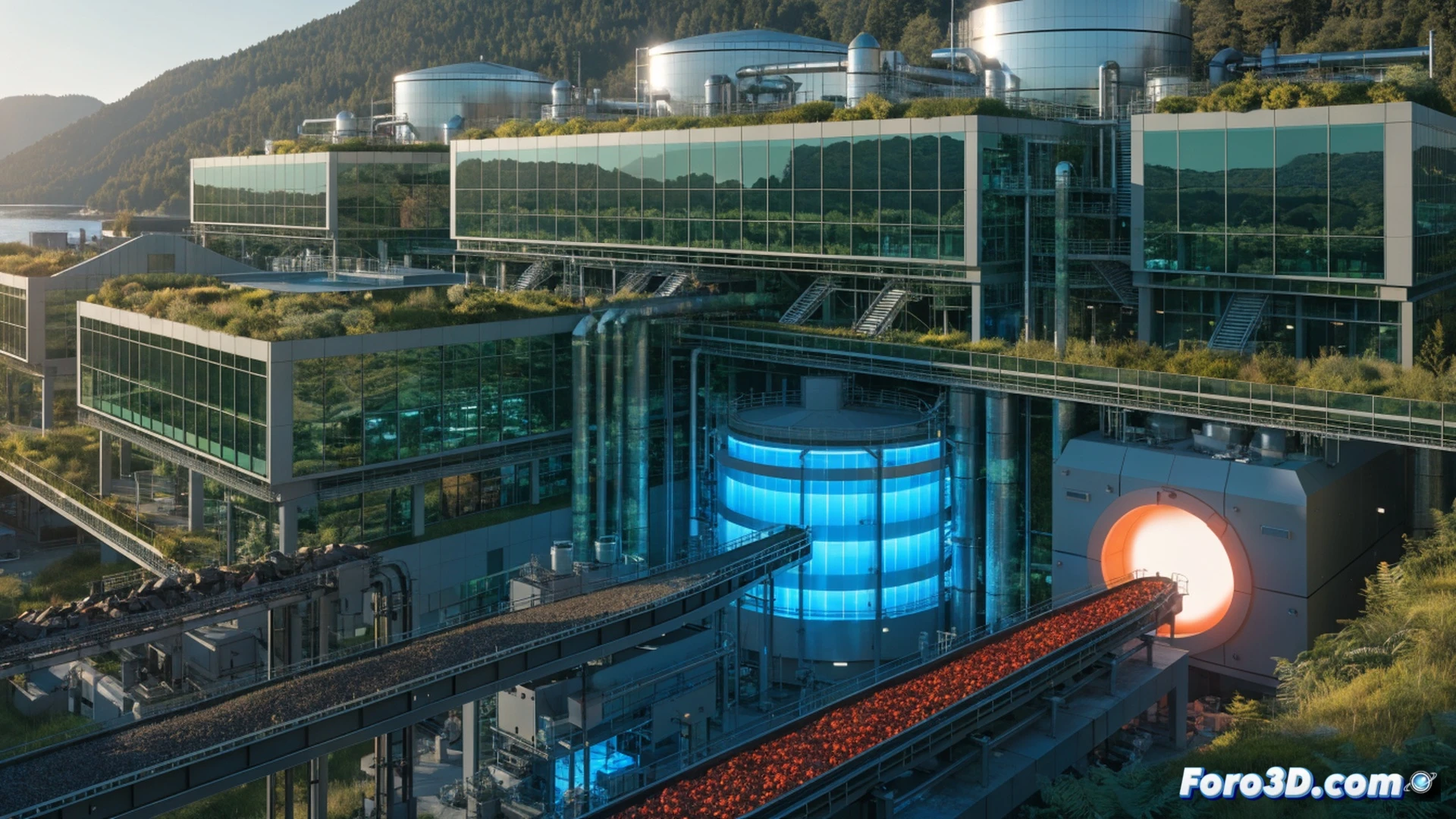 Northvolt Ett gigafactory interior, robotic arms disassembling lithium-ion battery modules on a conveyor line, shredded black mass material flowing into a hydro-metallurgical recycling reactor vessel, technicians monitoring a closed-loop process on holographic screens, glowing green energy indicators from hydroelectric power supply, steam rising from chemical baths during metal recovery, cinematic engineering visualization, bright clean industrial lighting, polished stainless steel machinery, photorealistic sustainable factory render