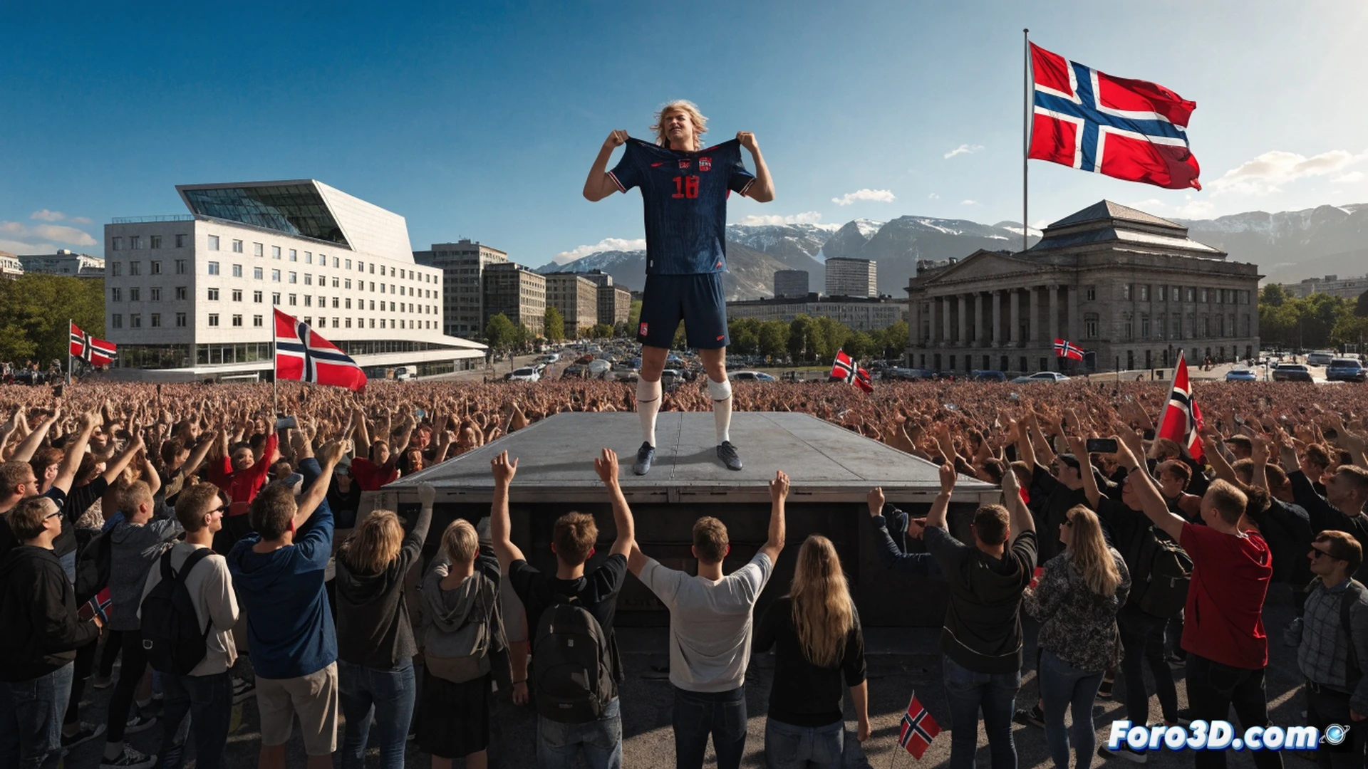 norwegian football stadium at night, erling haaland celebrating with raised arms after scoring, crowd waving red and white flags in euphoric motion, confetti falling under floodlights, teammates rushing to embrace him, dramatic cinematic sports photography style, wide-angle lens capturing stadium energy, sweat and grass details visible, dynamic action pose, high-contrast lighting, deep shadows on faces, ultra-detailed facial expressions, photorealistic sports illustration