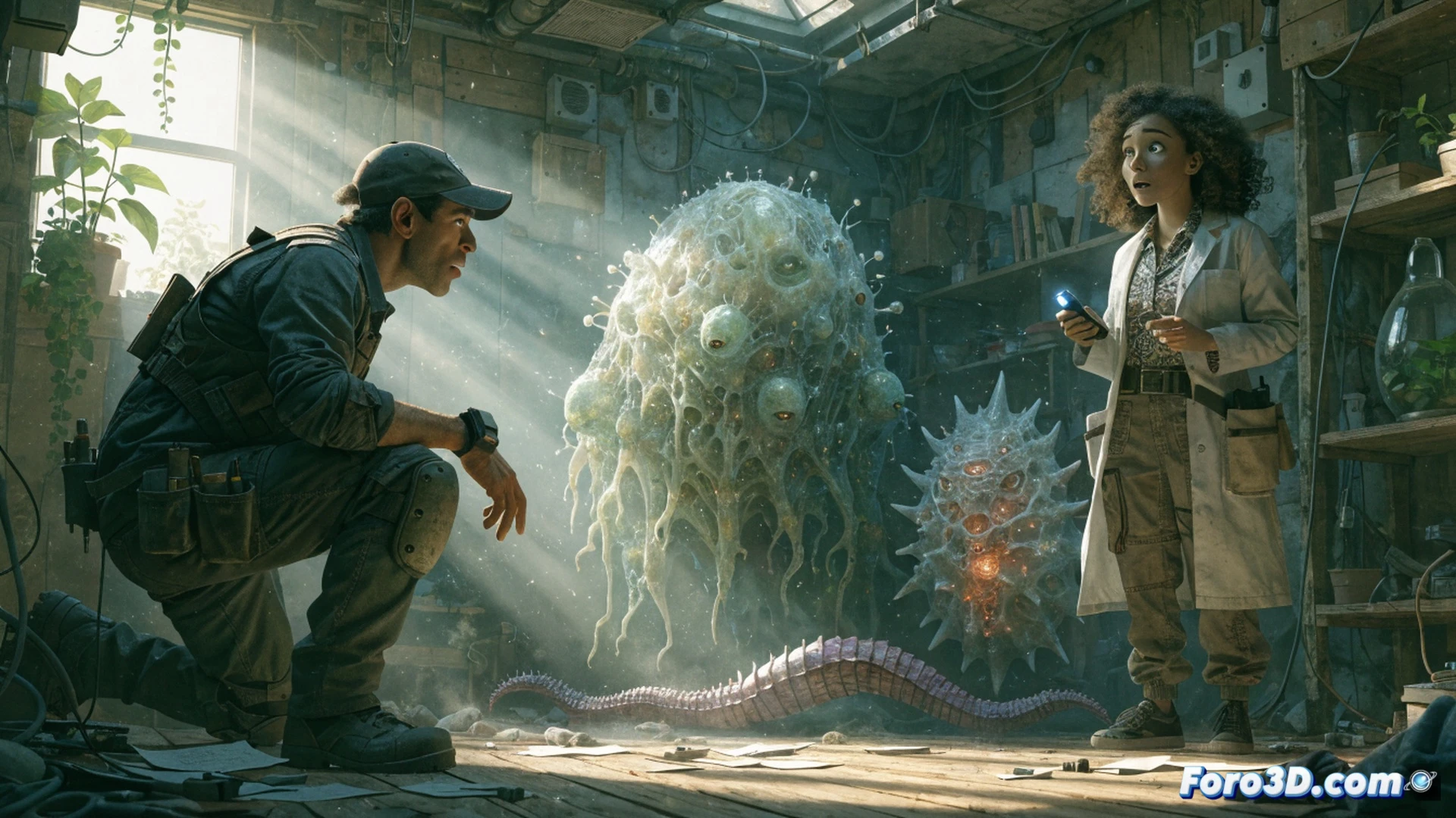three cartoon aliens with large eyes and glowing antennae hiding behind a cluttered workshop table, a human mechanic in grease-stained overalls holding a futuristic diagnostic tablet while an astro-botanist in a protective vest examines a floating holographic plant sample, tools and circuit boards scattered on the workbench, a broken spaceship component emitting soft blue sparks in the background, warm interior lighting from hanging lamps contrasting with cold alien glow, cinematic animation style with high detail, textured surfaces, subtle depth of field, bright saturated colors, whimsical yet technical composition showing the moment of discovery