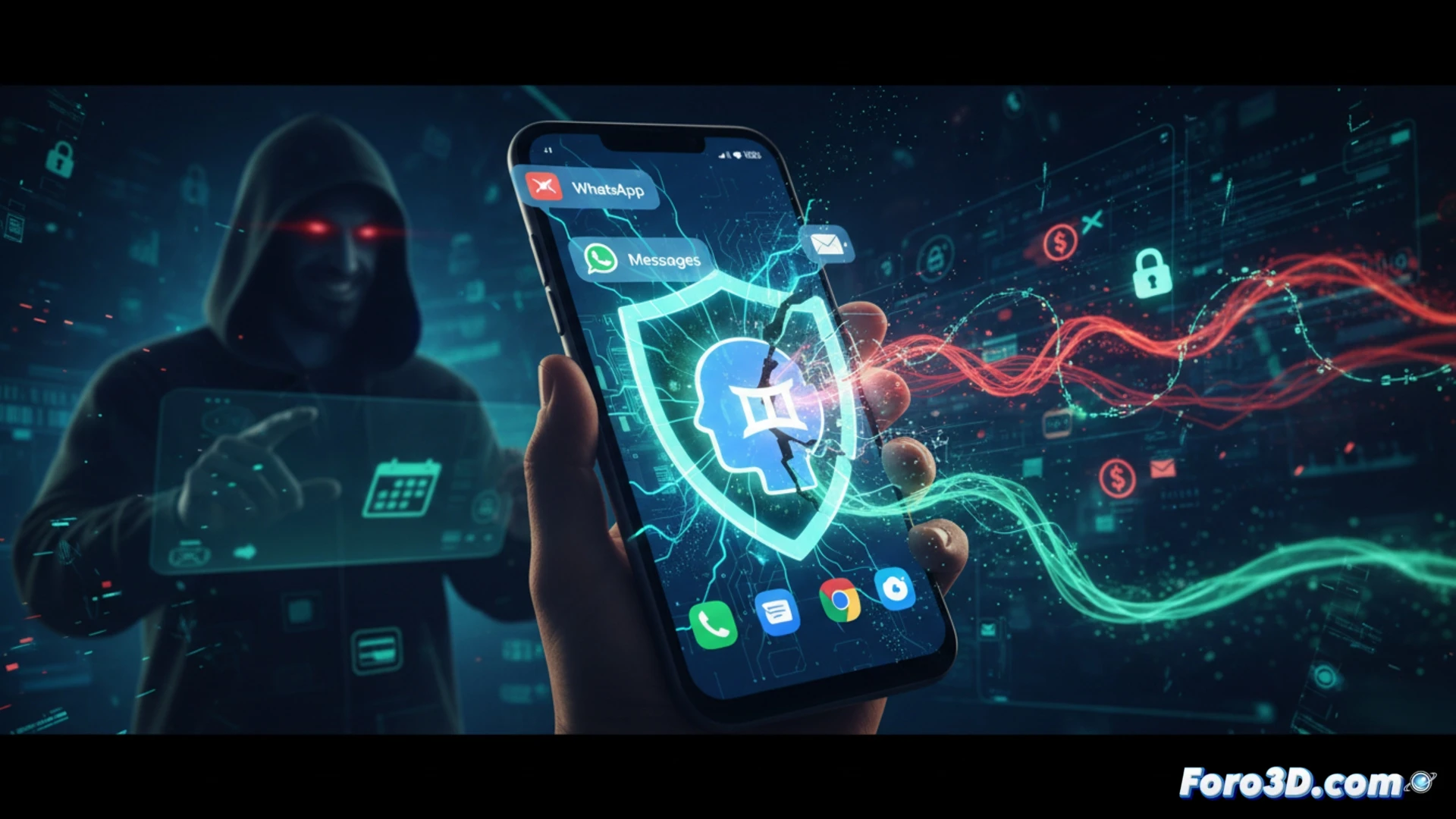 Android smartphone screen showing notification alert from messaging app, glowing malicious activation of Gemini assistant icon without user consent, translucent data streams being siphoned from notification panel, shadowy attacker hand hovering over device, digital padlock icon breaking with red warning pulse, technical cyber security illustration, dark mode interface, neon blue and red highlights, cinematic volumetric lighting, photorealistic hardware details, macro lens view of screen surface with fingerprint smudges