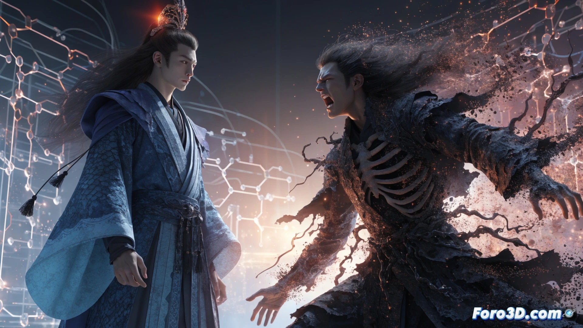 Cinematic shot of a glowing holographic interface hovering above a reader s hand, avatar silhouette pointing at a defeated villain s digital form mid-collapse, sword shattering into golden particles, interface showing branching narrative paths with glowing nodes, real-time story alteration in progress, cyberpunk cultivation temple background, floating jade tablets and data streams, dramatic blue and amber lighting, photorealistic technical illustration, high contrast shadows, ultra-detailed UI elements, dynamic action frozen in time, cinematic composition
