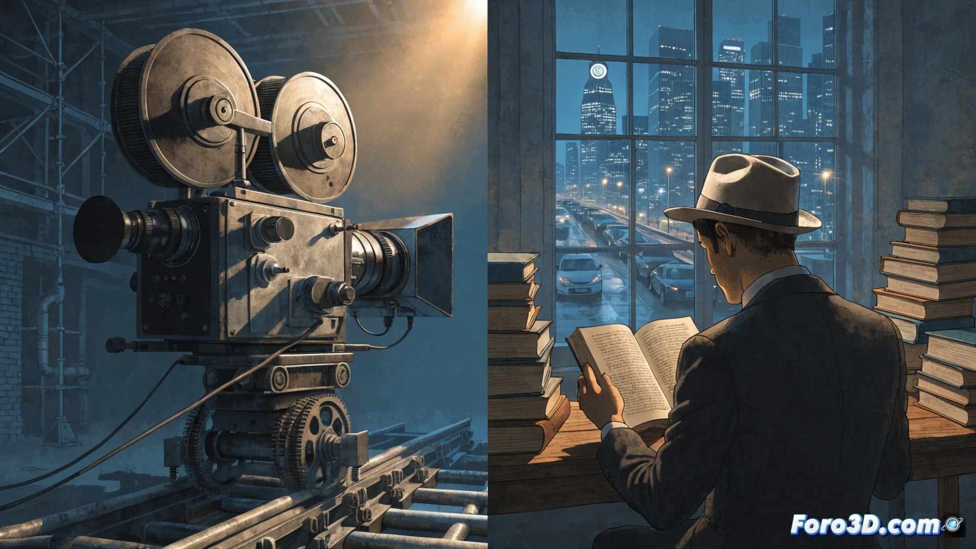 Vintage movie theater projection booth interior, an open hardcover novelization book beside a 35mm film reel, pages showing detailed text while dust particles float in a beam of projector light, a hand turning a page revealing a scene description mirroring the film frame on the screen behind, glowing amber lamp on a wooden desk, analog film editing tools nearby, cinematic photorealistic style, warm nostalgic lighting, deep shadows, 8k detail, film grain texture