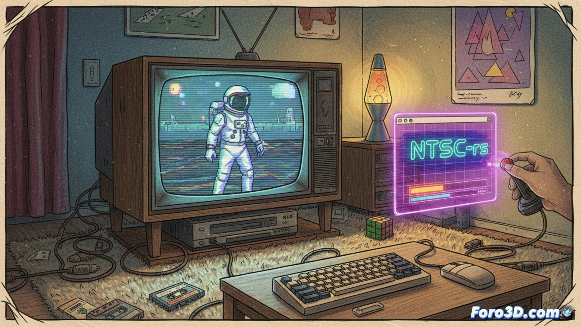 Retro TV monitor displaying grainy VHS-style video, mouse cursor dragging a modern high-resolution video file onto a glowing browser window labeled with pixelated 80s interface, video frame visibly degrading with scan lines, color bleeding, and analog noise artifacts, browser window floating above a complex circuit board, glowing data flow arrows showing local processing without internet connection, nostalgic synthwave color palette of magenta and cyan, cinematic technical illustration style, dramatic neon edge lighting, subtle chromatic aberration, ultra-detailed electronic components, photorealistic engineering visualization
