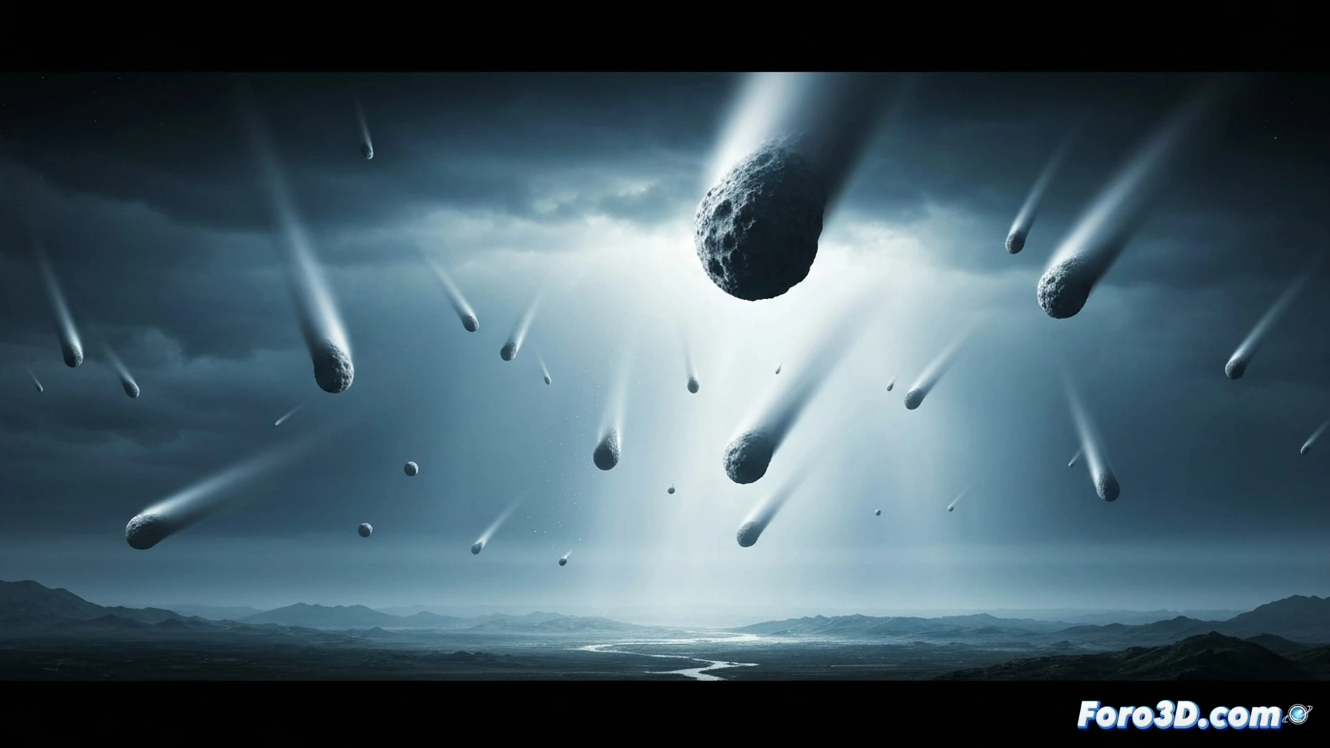 Cinematic visualization of thousands of icy microcomets entering Earth’s upper atmosphere, demonstrating intense frictional vaporization and water vapor plumes, while a distant brown dwarf star perturbs the Oort Cloud in the background, atmospheric layers shown with glowing particle trails and humidity saturation gradients, technical weather simulation overlays depicting disrupted rain cycles and storm formation, photorealistic cosmic lighting, ultra-detailed icy fragments disintegrating, dramatic orange-blue atmospheric contrast, scientific illustration style