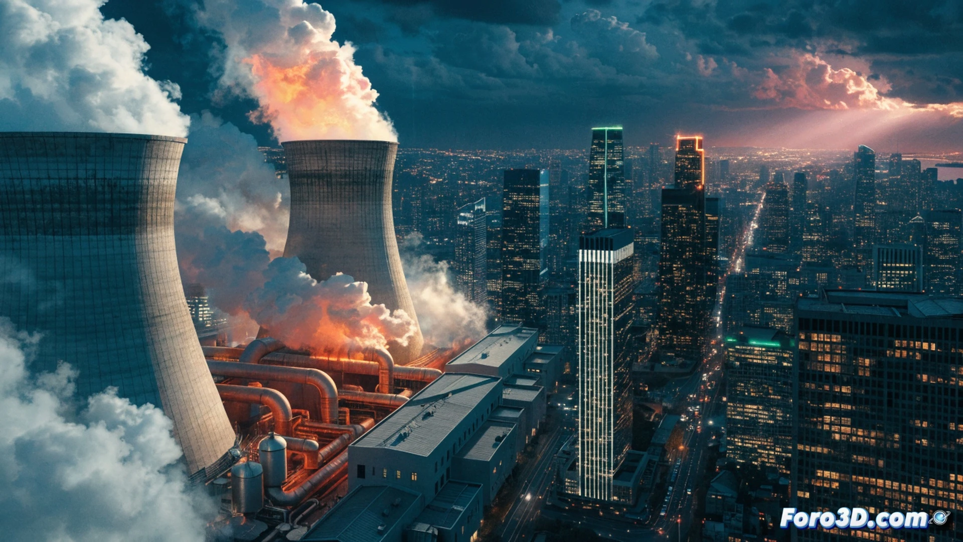 nuclear power plant cooling system under extreme heat stress, large concrete reactor building with steam rising from emergency vents, river water intake visibly low and warm, multiple cooling towers releasing minimal steam, control room workers monitoring rising temperature gauges and red warning indicators on digital screens, outdoor thermometer showing 42 degrees Celsius, electrical grid load meters spiking, air conditioning units on nearby buildings running at maximum, dry cracked riverbed in foreground, cinematic photorealistic technical visualization, dramatic orange sunset heat haze, industrial safety lighting, ultra-detailed mechanical and electronic components, high-contrast warning signals
