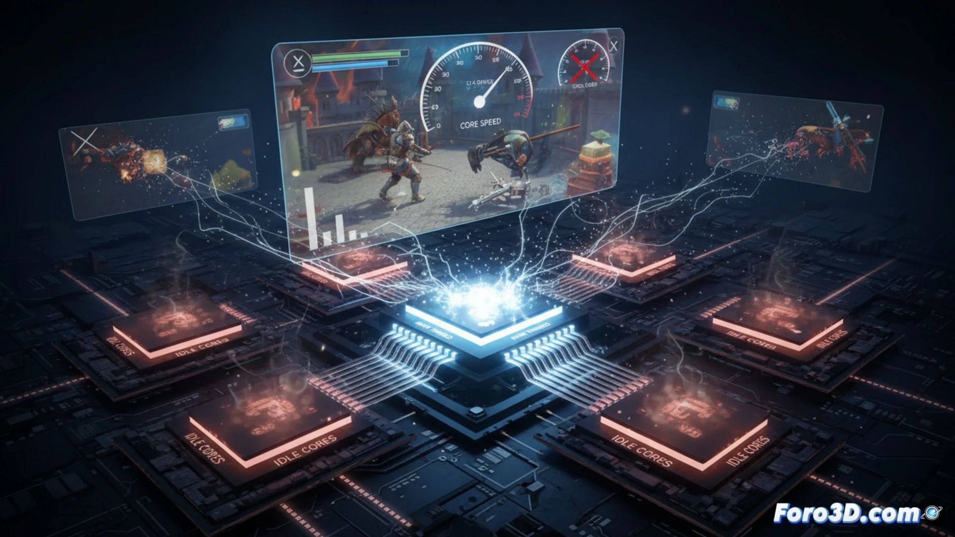 gaming CPU performance visualization, eight-core processor die with six cores darkened and idle while two cores glow with intense heat, bottleneck indicator showing a single core at 100% usage while others at 10%, frame rate counter dropping during physics calculation overload, motherboard socket with highlighted single-thread pipeline, technical engineering illustration, photorealistic circuit board textures, red thermal overlay on active core, blue inactive cores, cinematic dramatic lighting with shadows, ultra-detailed silicon structures, glowing data flow lines converging on one core