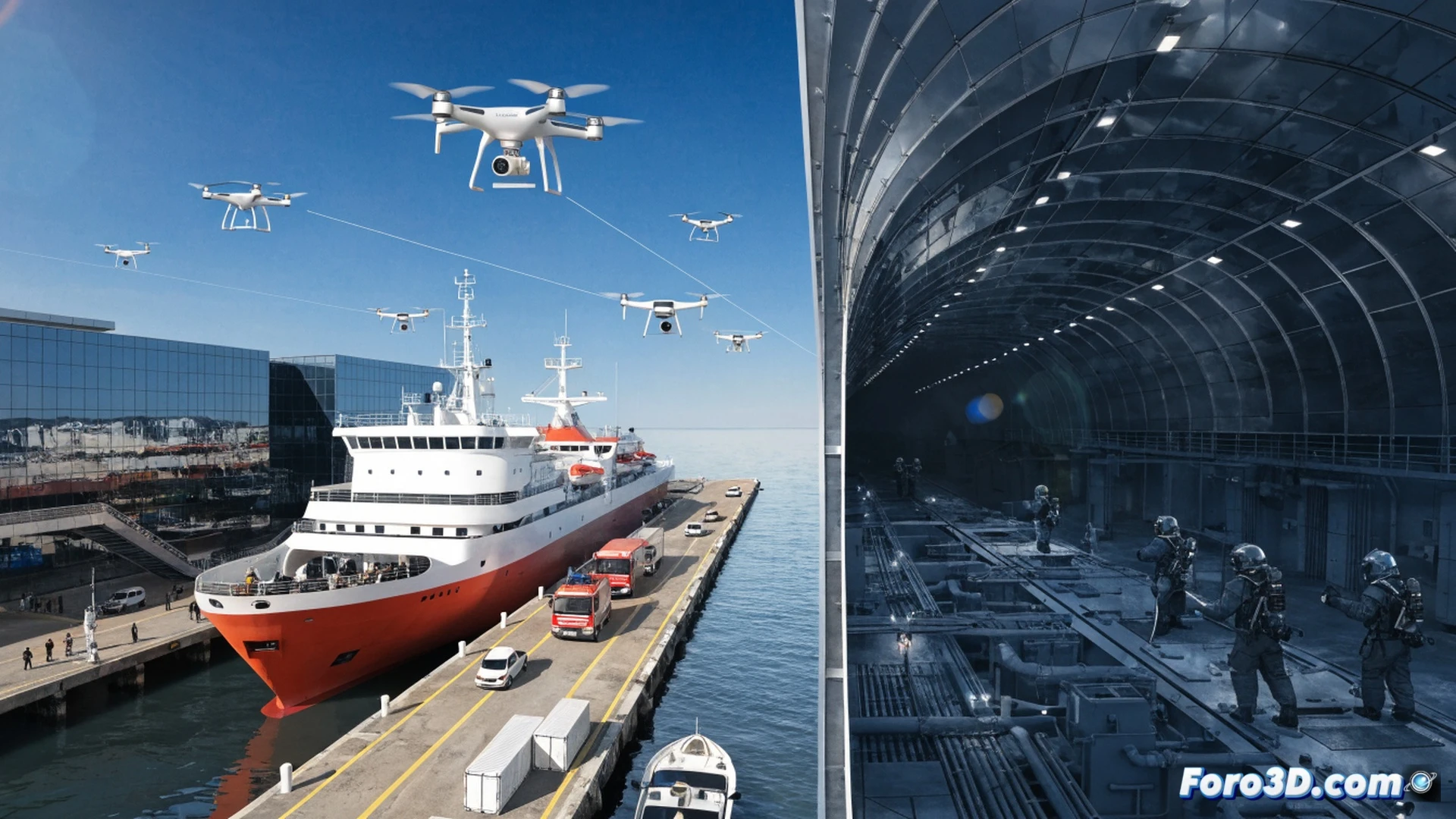 SCDF marine base at Pulau Brani, red and white emergency vessel launching from covered dock, drone ascending from deck with camera module rotating mid-flight, smoke plume from distant cargo ship on horizon, fireboat water cannon streams arcing across water, training tunnel entrance visible with interior ship hull replication, control room monitors displaying real-time maritime radar and drone feed, cinematic photorealistic render, bright tropical daylight with haze, dynamic action sequence, detailed maritime infrastructure, safety equipment visible on crew