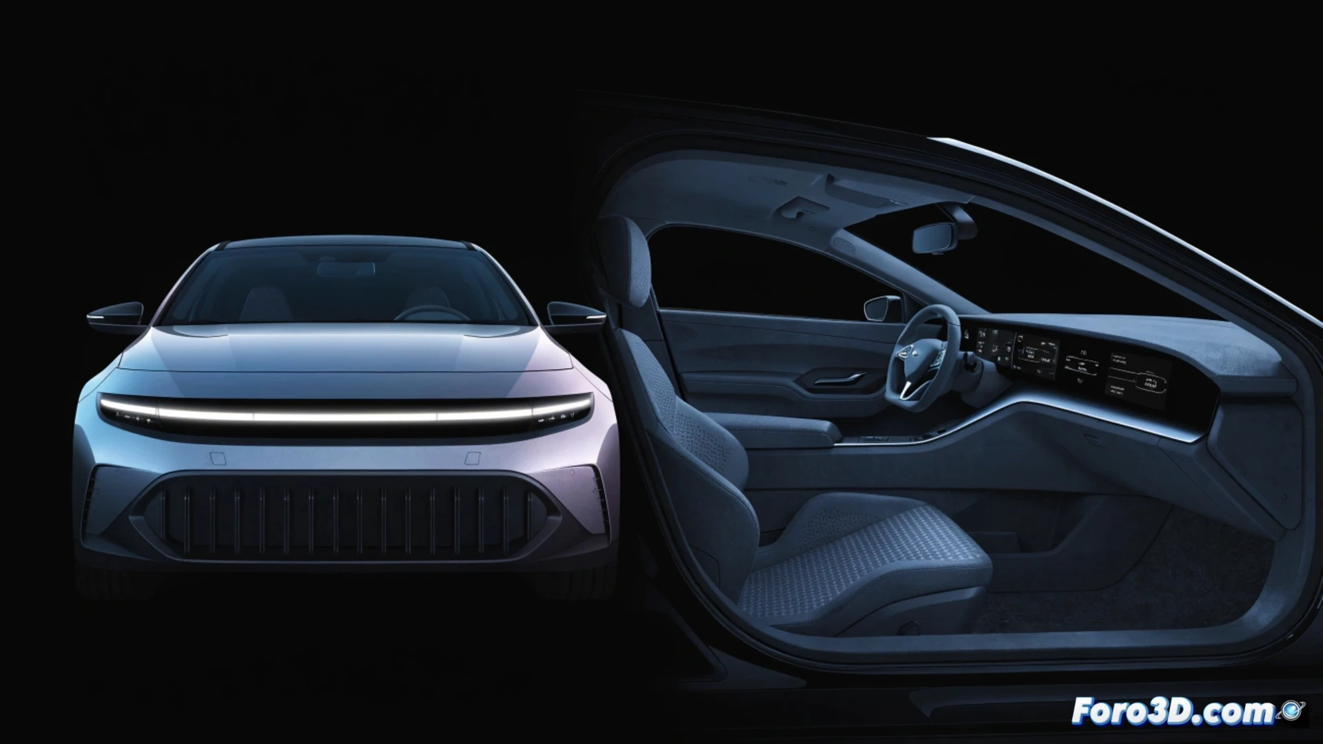 Hyundai i20 2027 frontal section being assembled on a robotic production line, robotic arms installing horizontal LED headlights into a seamless bumper, lower grille positioned below the clean front fascia, interior cabin showing a single curved digital display merging instrument cluster and infotainment system, engineers inspecting the dashboard integration, cinematic engineering visualization, bright factory lighting, metallic blue body panels, reflective glass surfaces, photorealistic technical render, detailed mechanical components, assembly process in motion