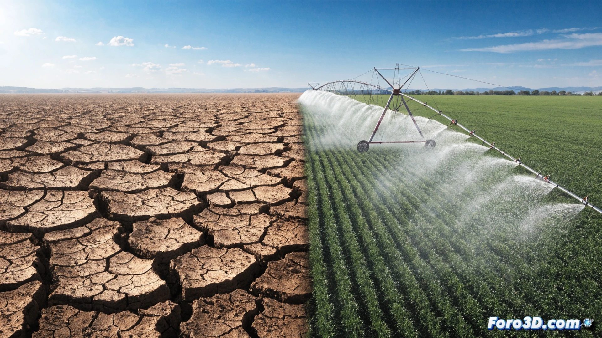 agricultural irrigation pivot system in a drought-stricken field, cracked dry earth visible under the central spray, water droplets arcing from the nozzle while a digital water meter display shows rising pressure and flow rate, a farmer adjusting a valve with a wrench, background showing a parched horizon and a modern control panel with blue LED indicators, cinematic photorealistic engineering visualization, dramatic golden hour sunlight contrasting with arid soil, ultra-detailed metal joints and water refraction, realistic dust particles suspended in air, technical illustration style