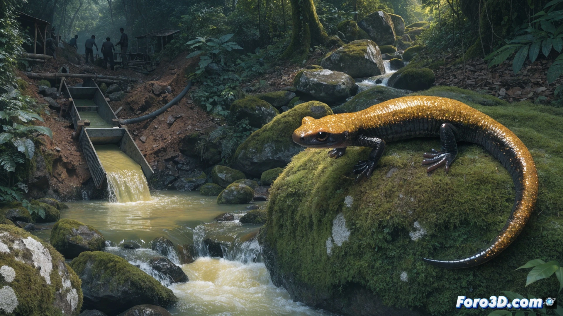 close-up of a small golden-brown salamander with black speckles crawling across wet mercury-contaminated river rocks, a scientist’s gloved hand holding a digital caliper measuring its body length, background showing a deforested riverbank with illegal mining equipment and muddy water, photorealistic technical illustration, bright tropical sunlight filtering through canopy gaps, high detail on amphibian skin texture and metallic mining debris, dramatic contrast between pristine creature and polluted environment, cinematic lighting emphasizing environmental tension