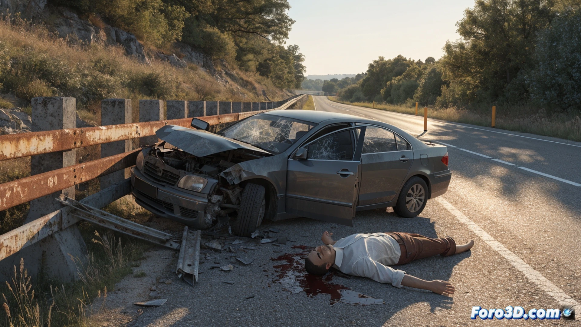 cinematic road safety scene on a curved secondary highway, a silver car skidding sideways on wet asphalt at dawn, tire marks showing sudden braking, guardrail damaged from impact, emergency orange cones and warning triangles placed nearby, a traffic sign for A-122 visible in background, photorealistic technical illustration, dramatic overcast sky, reflective wet road surface, detailed vehicle body deformation, hazard lights flashing, ultra-realistic textures, high-contrast lighting, motion blur on distant approaching traffic, engineering visualization style