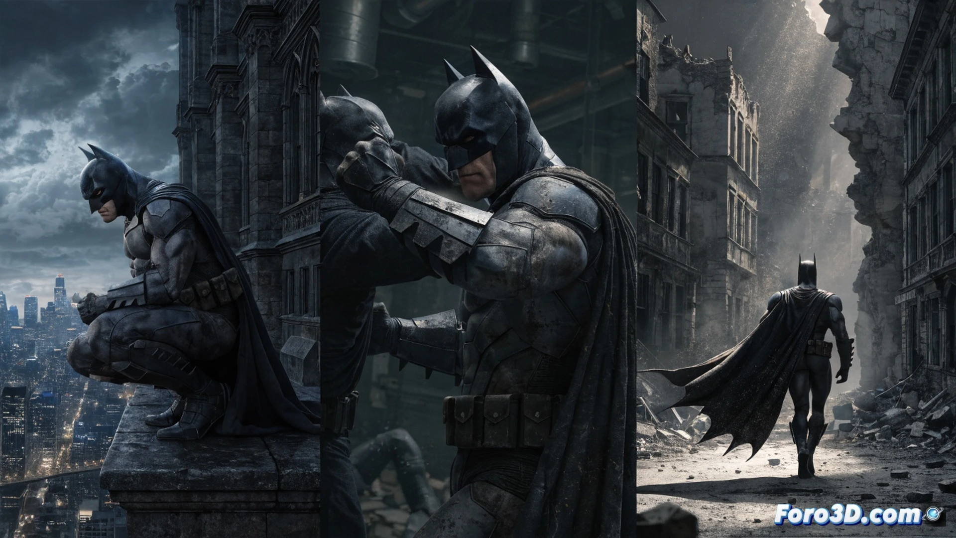 Batman de pie sobre una azotea de Gotham en noche de lluvia, capa ondeando mientras sostiene un dispositivo de rastreo holográfico en el guante, mostrando tres señales de localización activas en el mapa urbano, luces de neón reflejándose en charcos, cámara cenital con lente gran angular, estilo cinematic photorealistic, texturas de asfalto mojado y metal oxidado, iluminación dramática azul y roja, sombras profundas, partículas de lluvia visibles, tono oscuro y maduro, composición técnica de alta definición