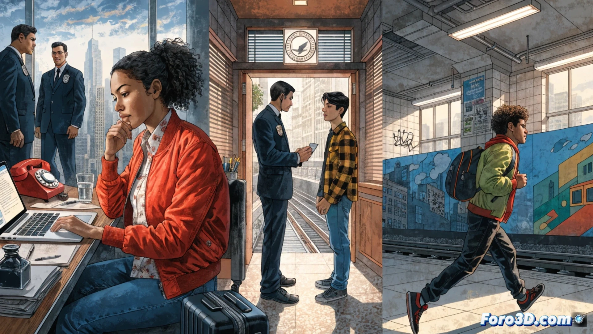 photorealistic street scene in New York City, a diverse group of people holding a small comic booklet titled Know Your Rights, a police officer and an ICE agent in the background approaching, a woman confidently showing the open booklet while gesturing stop, urban setting with subway entrance and school building, bright daylight, cinematic composition, warm tones, detailed facial expressions, empowering action, technical illustration style, clear visual hierarchy, realistic textures, dramatic shadows