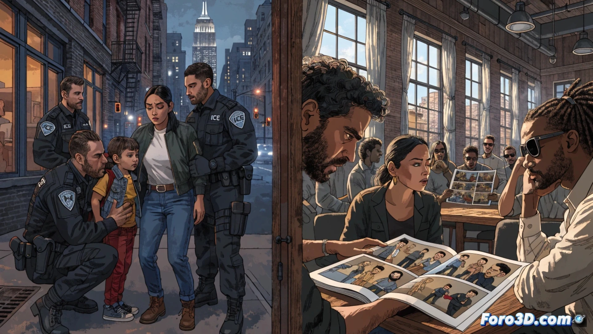 A comic book page floating in mid-air, pages fluttering apart, while a shadowy ICE agent in tactical gear tears the paper from behind, revealing a chain-link fence and crying children underneath, realistic ink textures mixing with photorealistic hands, dramatic chiaroscuro lighting, tilted angle showing the contradiction between illustrated rights and real enforcement, cinematic documentary style, ultra-detailed paper grain and uniform fabric texture, emotional tension captured in motion